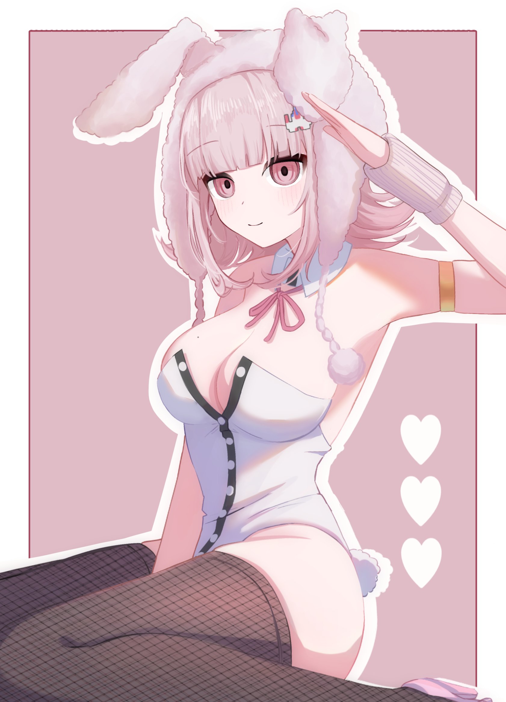 1girls, armband, bangs, big breasts, breasts, bunny ears, bunny girl, bunny tail, bunnysuit, cleavage, danganronpa, danganronpa 2: goodbye despair, detached collar, eyebrows visible through hair, female, fishnet legwear, fishnet thighhighs, fishnets, fluffy hat, hair, hair ornament, hat, hat with ears, high heels, leotard, light skin, light-skinned female, looking at viewer, mole, mole on breast, nanami chiaki, nya nanjr, pink eyes, pink hair, pom pom (clothes), salute, short hair, sitting, smile, thick hips, thick thighs, thighhighs, thighs, winter hat, wrist warmers, wristband