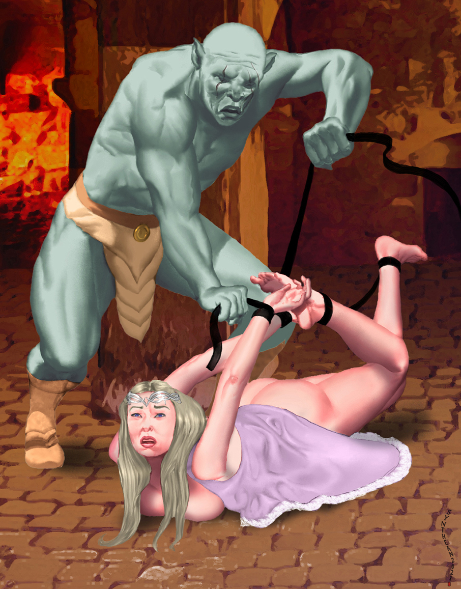 azog_the_defiler blue_eyes captured captured_heroine crown elf galadriel green_skin long_hair lord_of_the_rings medium_breasts monster mostly_nude_female open_mouth orc orc_male pink_dress sharp_ears silver_hair slave solo_female synthean