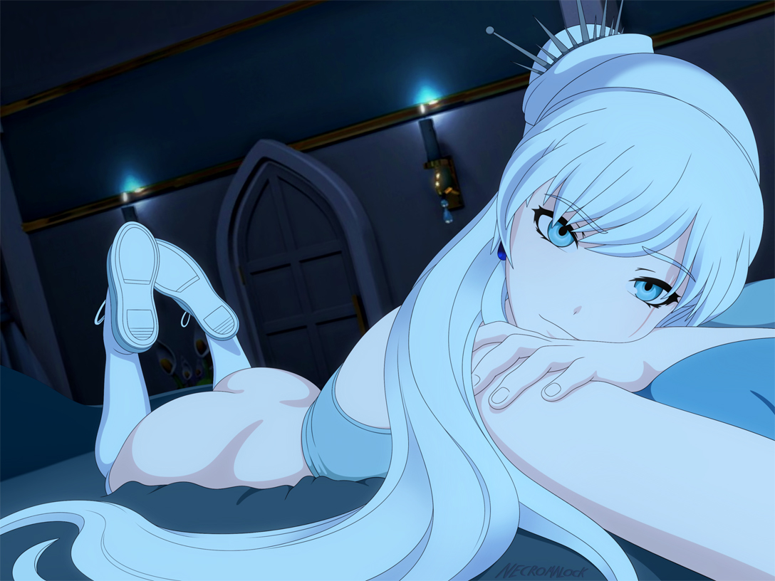 1girls, ass, blue eyes, bottomless, female, looking at viewer, necromalock, partially clothed, rooster teeth, rwby, selfie, shoes, the pose, viz media, weiss schnee, white hair