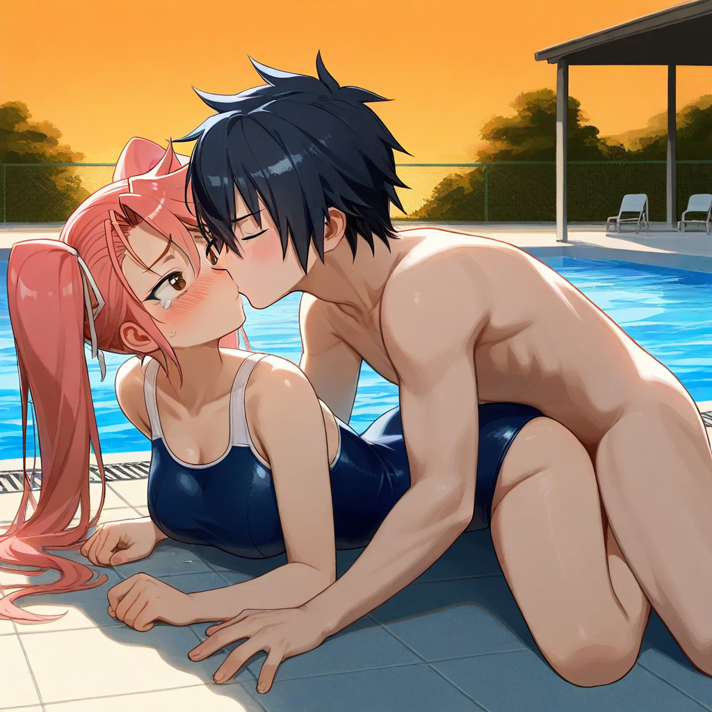 1boy1girl ai_generated black_hair breasts couple fairy_tail gray_fullbuster highschool_of_the_dead pink_hair saya_takagi school_swimsuit twintails