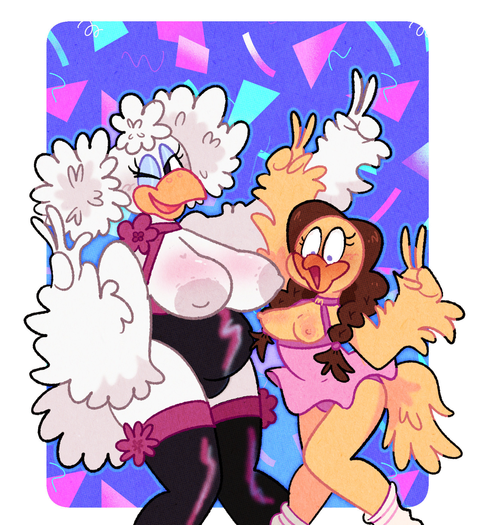 2025, 2d, 2d (artwork), 2d artwork, 2girls, alternate version at source, anthro, areola, areolae, avian, bird, bird girl, birdie the early bird, blue eyeshadow, breast size difference, breasts, canary, chicken, chubby, chubby female, chuck e cheese (franchise), clothed, clothed female, crossover, digital art, digital drawing (artwork), digital media (artwork), dress, duo, exposed breasts, female, furry, furry female, galliform, gallus (genus), helen henny, leggings, mascot, mcdonald's, nipples, peace sign, perky breasts, perky nipples, phasianid, shocked, shocked expression, small breasts, smaller female, tagme, thick, thick thighs, thighs, tiddygoat, twintails, white feathers, white hair, wink, winking, yellow feathers
