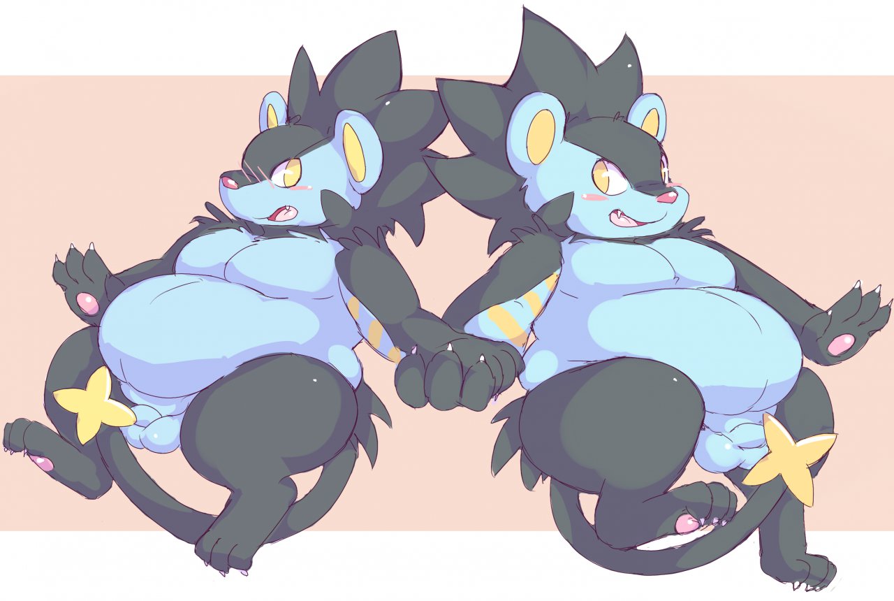 balls blush chubby couple eye_contact flaccid gay hand_holding luxray male overweight penis pokemon pokemon_(species) zangusuu