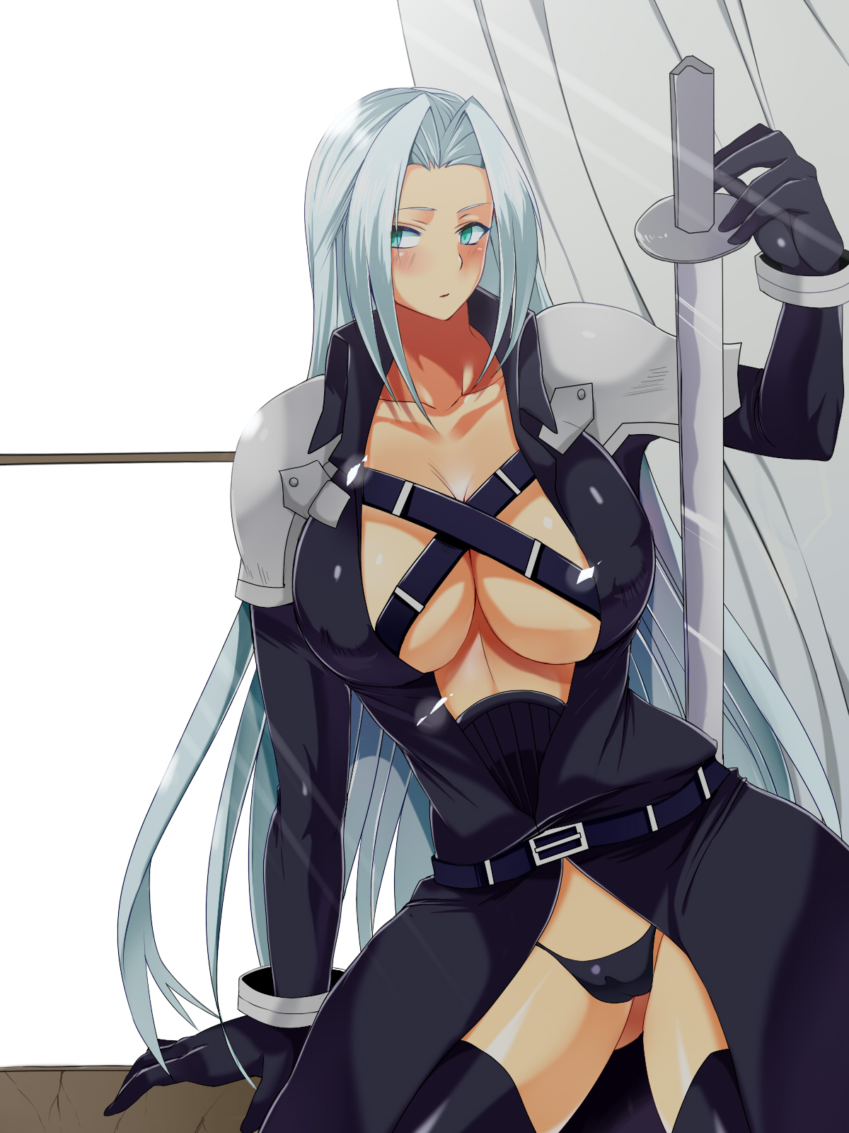 breasts, cleavage, coat, female, female only, final fantasy, final fantasy vii, highres, human, large breasts, long hair, panties, rule 63, sephimom, sephiroth, silver hair, solo, sword, underwear, very long hair, weapon