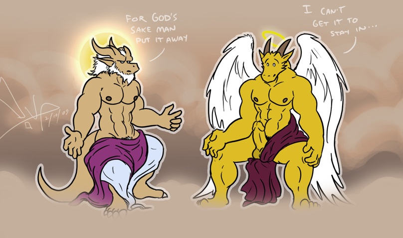 angel angel_dragon angel_wings angelic anthro balls bgn dragon erection feathered_wings feathers halo heaven holy horn loincloth male male_only muscles nipples penis smile smirk topless unimpressed wings