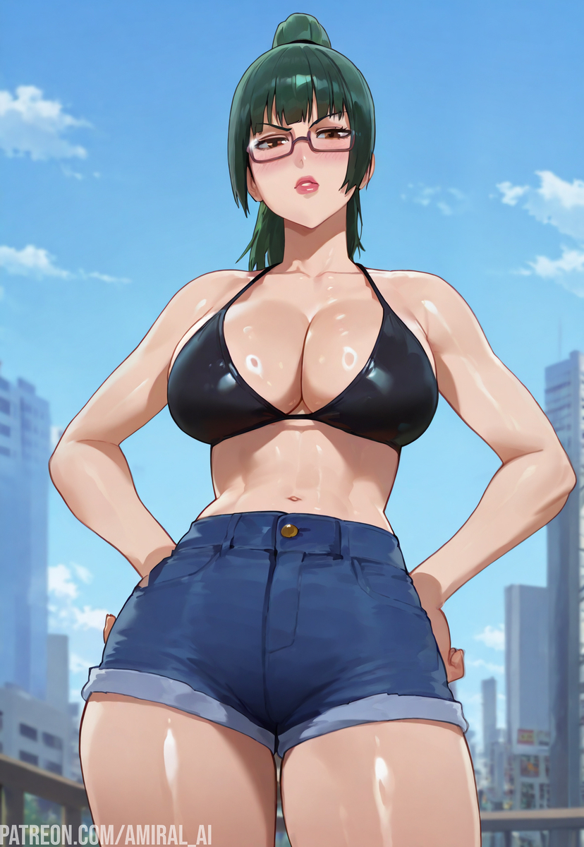 1girls ai_generated amiral_ai big_breasts bikini black_bikini blush breasts brown_eyes curvy denim_shorts female_only fit_female glasses hands_on_hips jujutsu_kaisen light-skinned_female looking_at_viewer makeup pink_lips ponytail shiny_clothes shiny_skin short_shorts thighs zenin_maki