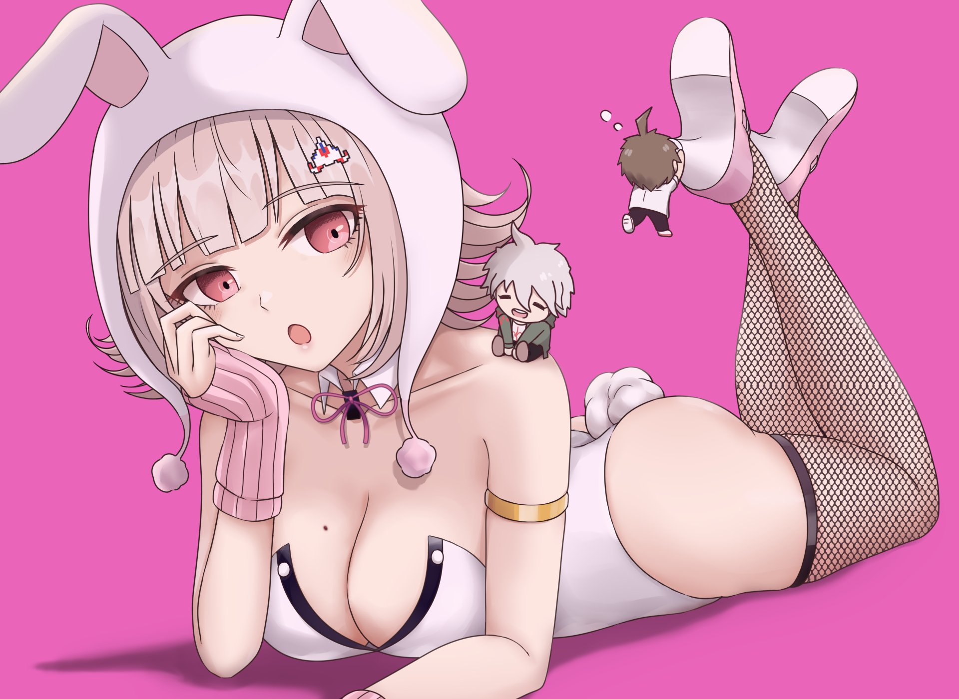 1girls, 2boys, artist request, big breasts, breasts, bunny ears, bunny girl, bunnysuit, chibi, danganronpa, danganronpa 2: goodbye despair, female, fishnet legwear, fishnets, hinata hajime, laying down, laying on bed, laying on stomach, male, mole, mole on breast, nagito komaeda, nanami chiaki, pink eyes, pink hair, short hair, tagme, thick hips, thick thighs, thighhighs, thighs