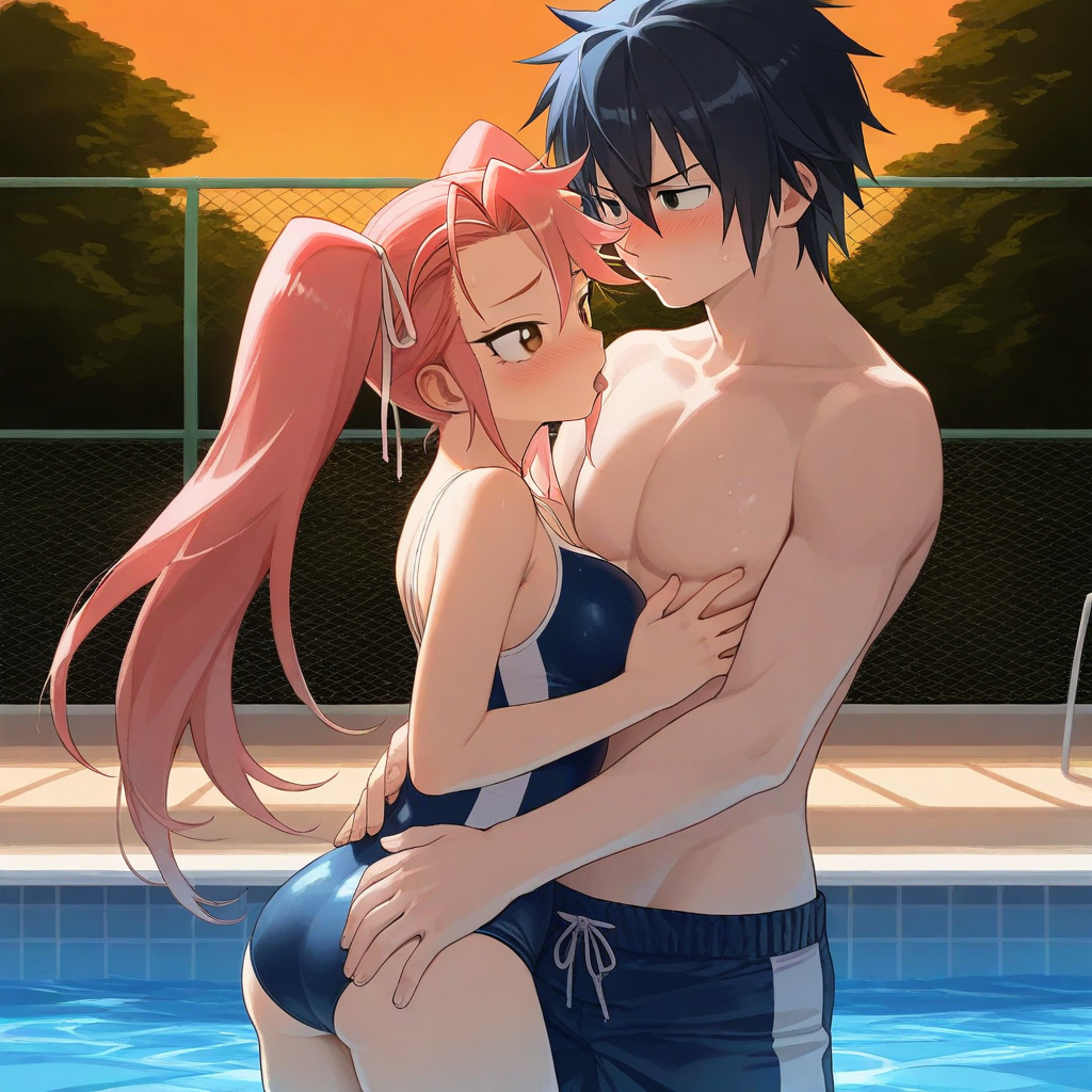 1boy1girl ai_generated black_hair breasts couple fairy_tail gray_fullbuster highschool_of_the_dead kissing pink_hair pool saya_takagi school_swimsuit twintails