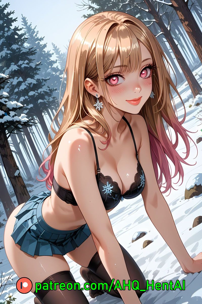 ahq_hentai ai_generated black_bra blush breasts forest gyaru kitagawa_marin my_dress_up_darling on_all_fours skirt smile snow stable_diffusion stockings underwear