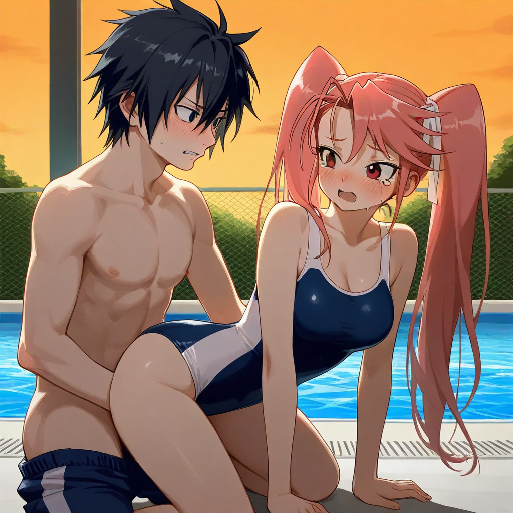 1boy1girl ai_generated black_hair breasts couple fairy_tail gray_fullbuster highschool_of_the_dead kissing pink_hair pool saya_takagi school_swimsuit twintails