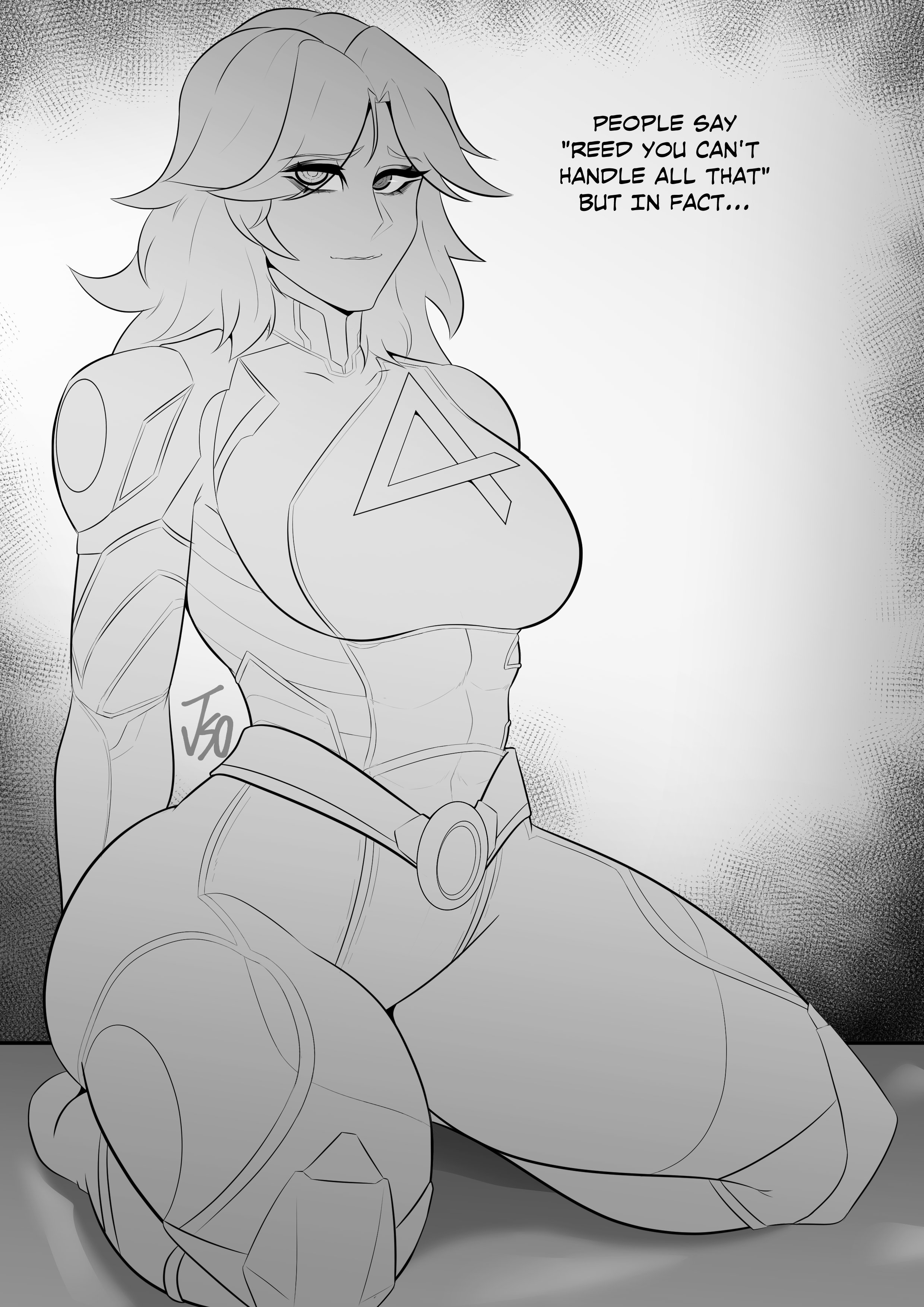 2d, big breasts, blonde hair, breasts, character name, clothed, clothes, clothing, curvaceous, curvaceous body, curvaceous female, curvaceous figure, curvaceous hips, curvy, curvy body, curvy female, curvy figure, curvy hips, earrings, fantastic four, female, female focus, female only, greyscale, invisible woman, invisible woman (marvel rivals), jso, marvel, marvel comics, marvel rivals, signature, sue richards, sue storm, text