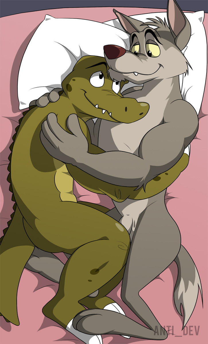 anthro anti_dev canine crocodile crocpond fur furry hug male male_only multiple_males penis reptile rompa scalie tagme wink_(crocpond) wolf yaoi