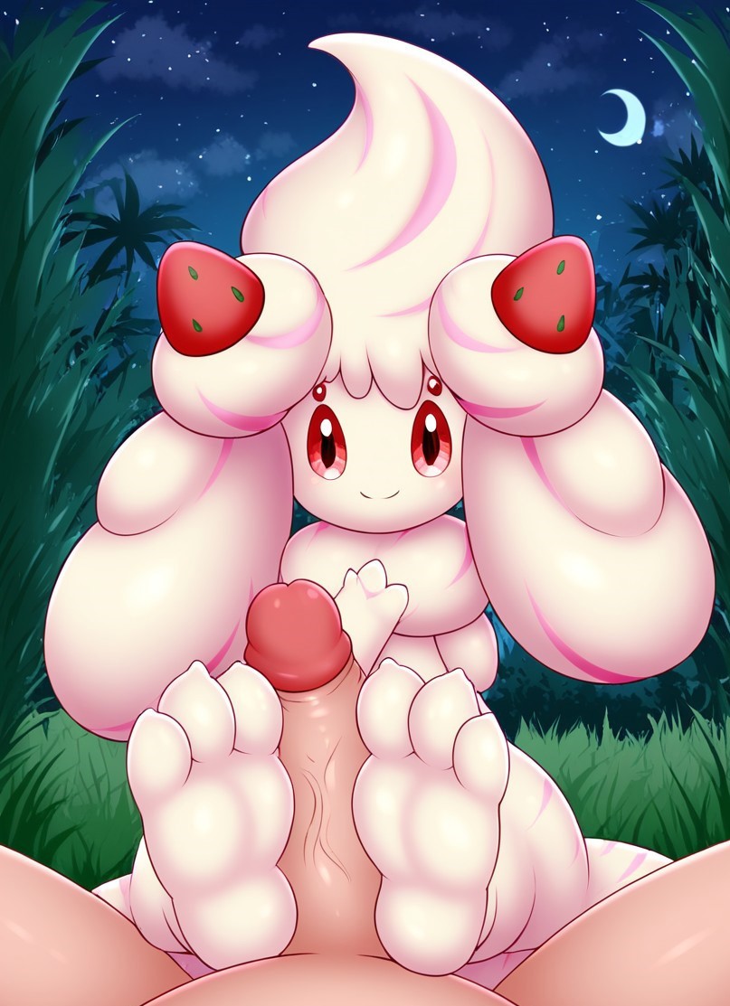 ai_generated alcremie feet foot_play footjob happy nintendo pawjob paws pokemon pokemon_(species) pov trainer uncensored