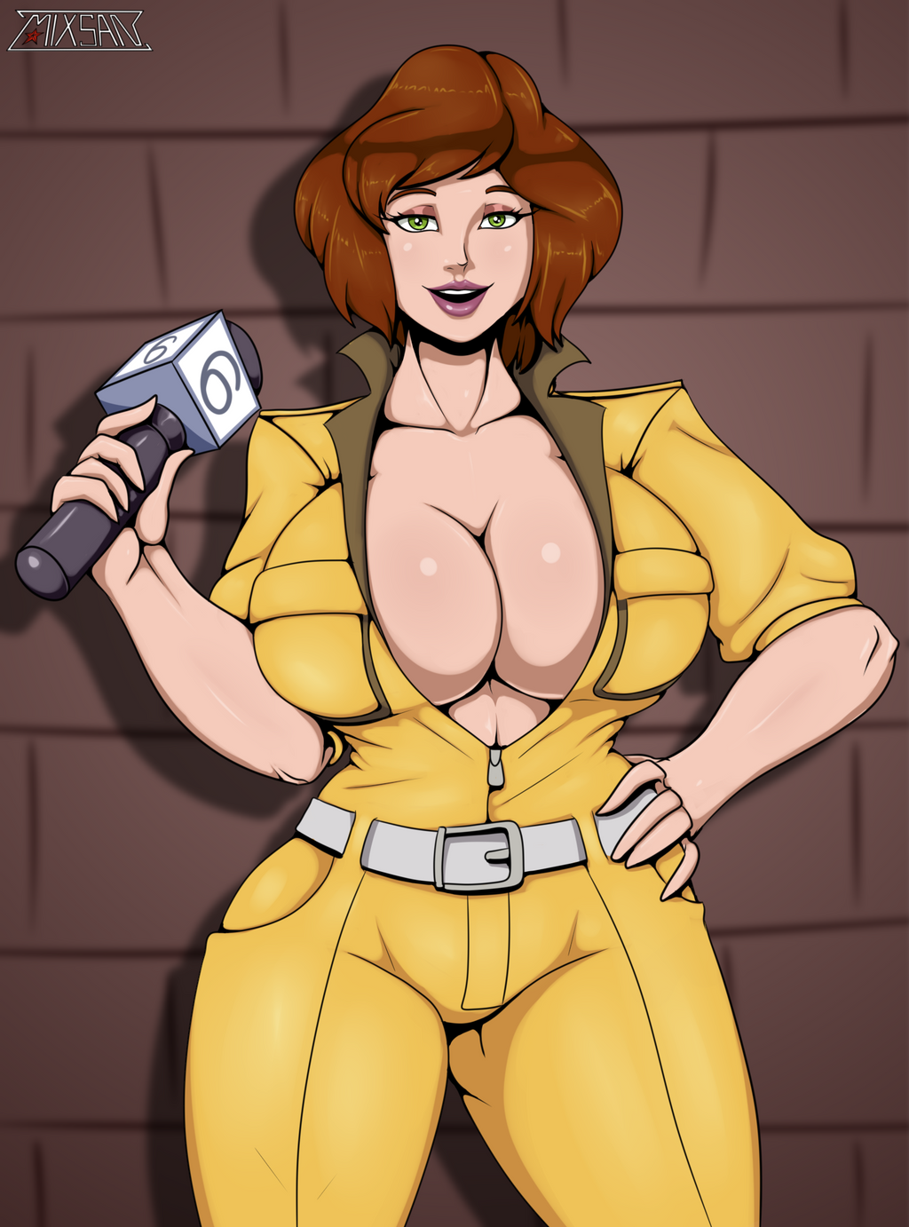 1girls april_o'neil april_o'neil_(tmnt_1987) belt big_breasts breasts brown_hair cleavage clothing enormous_breasts female female_only gigantic_breasts green_eyes hand_on_hip hourglass_figure huge_breasts human human_only large_breasts light-skinned_female light_skin lipstick looking_at_viewer mature mature_female microphone mxn news_reporter open_mouth solo solo_female teenage_mutant_ninja_turtles tmnt_1987 voluptuous voluptuous_female wide_hips yellow_jumpsuit