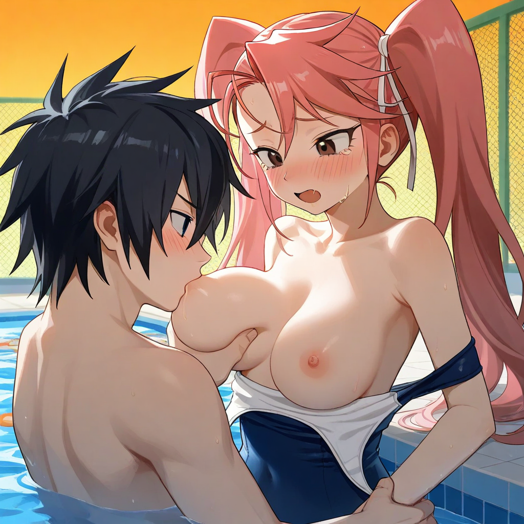 1boy1girl ai_generated black_hair breasts couple fairy_tail gray_fullbuster highschool_of_the_dead kissing pink_hair pool saya_takagi school_swimsuit twintails