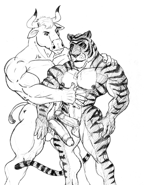 abs anthro balls biceps big_penis bovine cattle feline fur furry grope holding male multiple_males muscles pecs penis plain_background sudonym tagme tiger yaoi