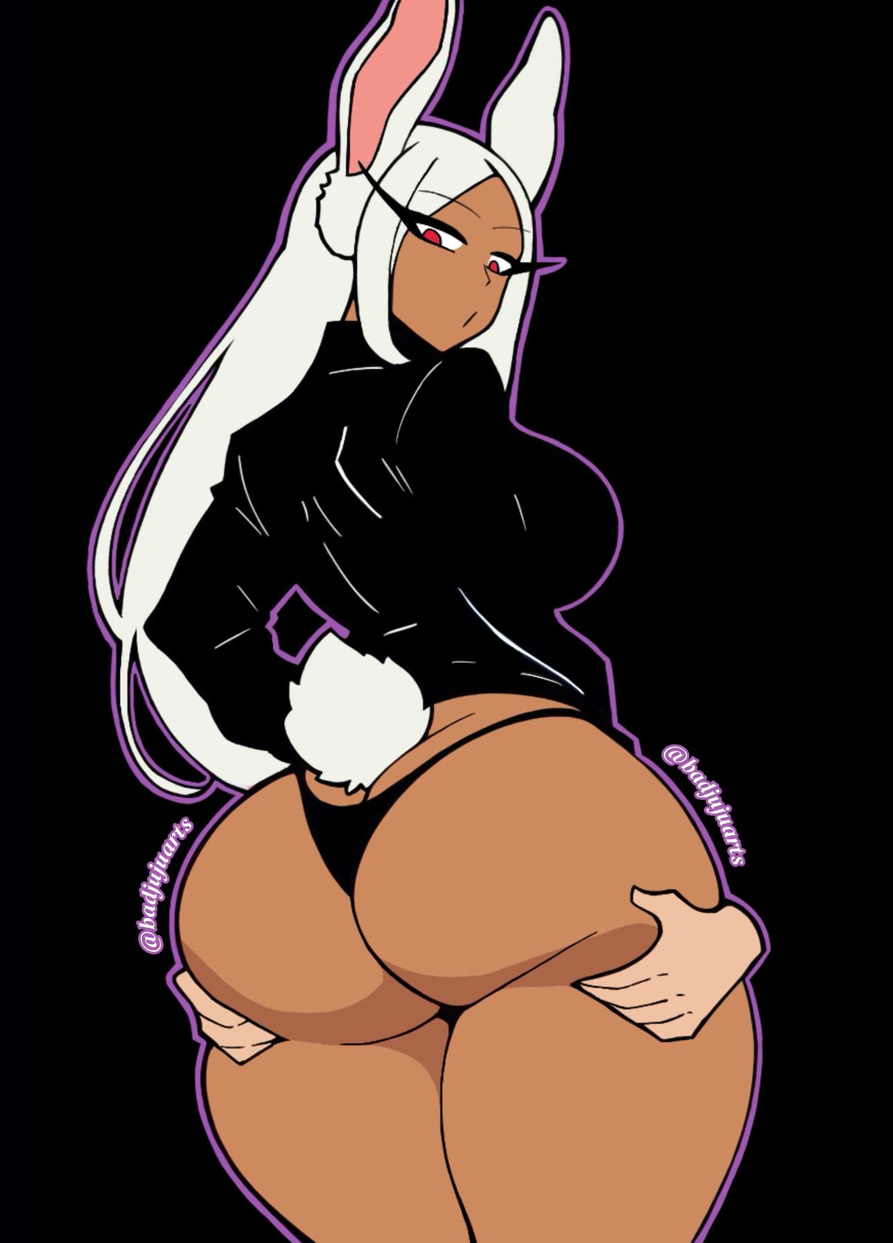 1boy 1girls ass ass_focus ass_grab badjujuarts big_ass big_breasts breasts bunny_ears bunny_girl bunny_tail clothed dark-skinned_female dark_skin faceless_male female grabbing huge_ass miruko my_hero_academia red_eyes superheroine thick thick_ass thick_thighs thong turtleneck white_hair