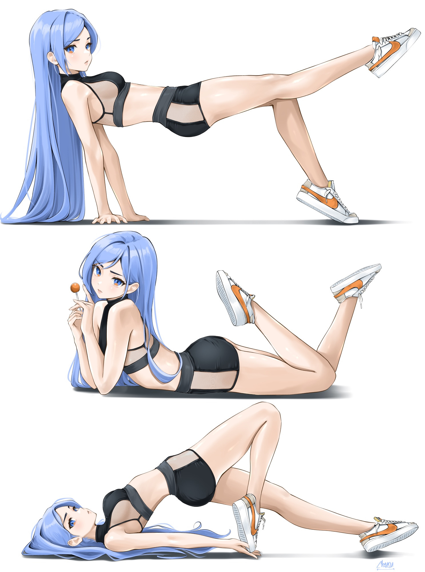 blue eyes, blue hair, chaesu, legs, long hair, looking at viewer, minah, original, original character, panels, pose, posing, shoes, stomach, thighs, workout clothes