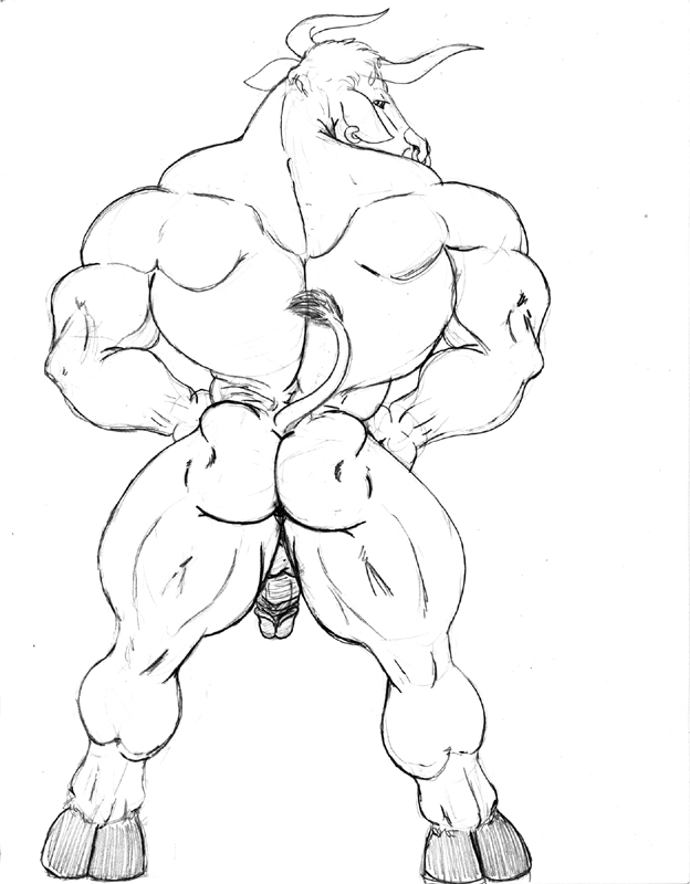 ass back_turned balls biceps bovine cattle ear_piercing looking_at_viewer male male_only muscles penis piercing plain_background pose solo sudonym