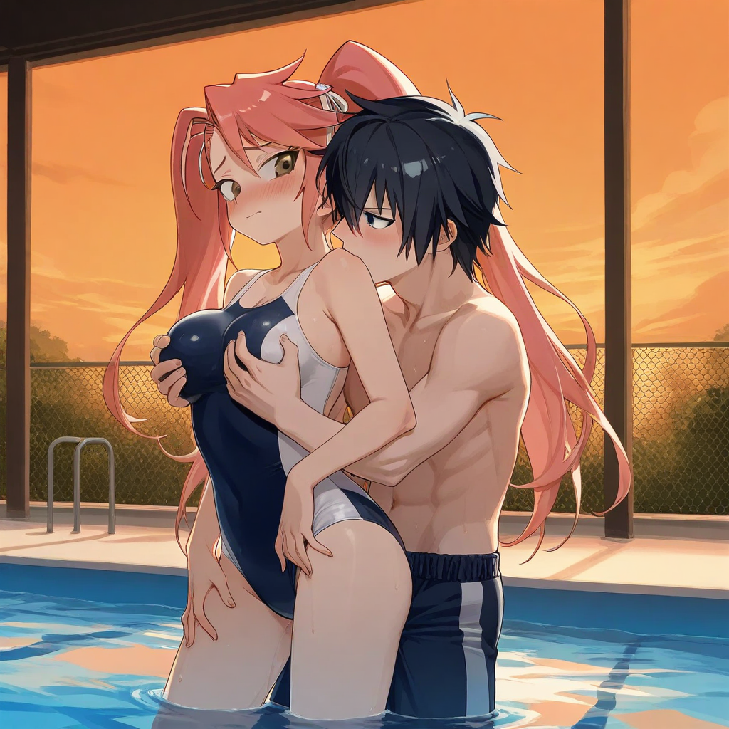 1boy1girl ai_generated black_hair breasts couple highschool_of_the_dead kissing pink_hair pool saya_takagi school_swimsuit twintails