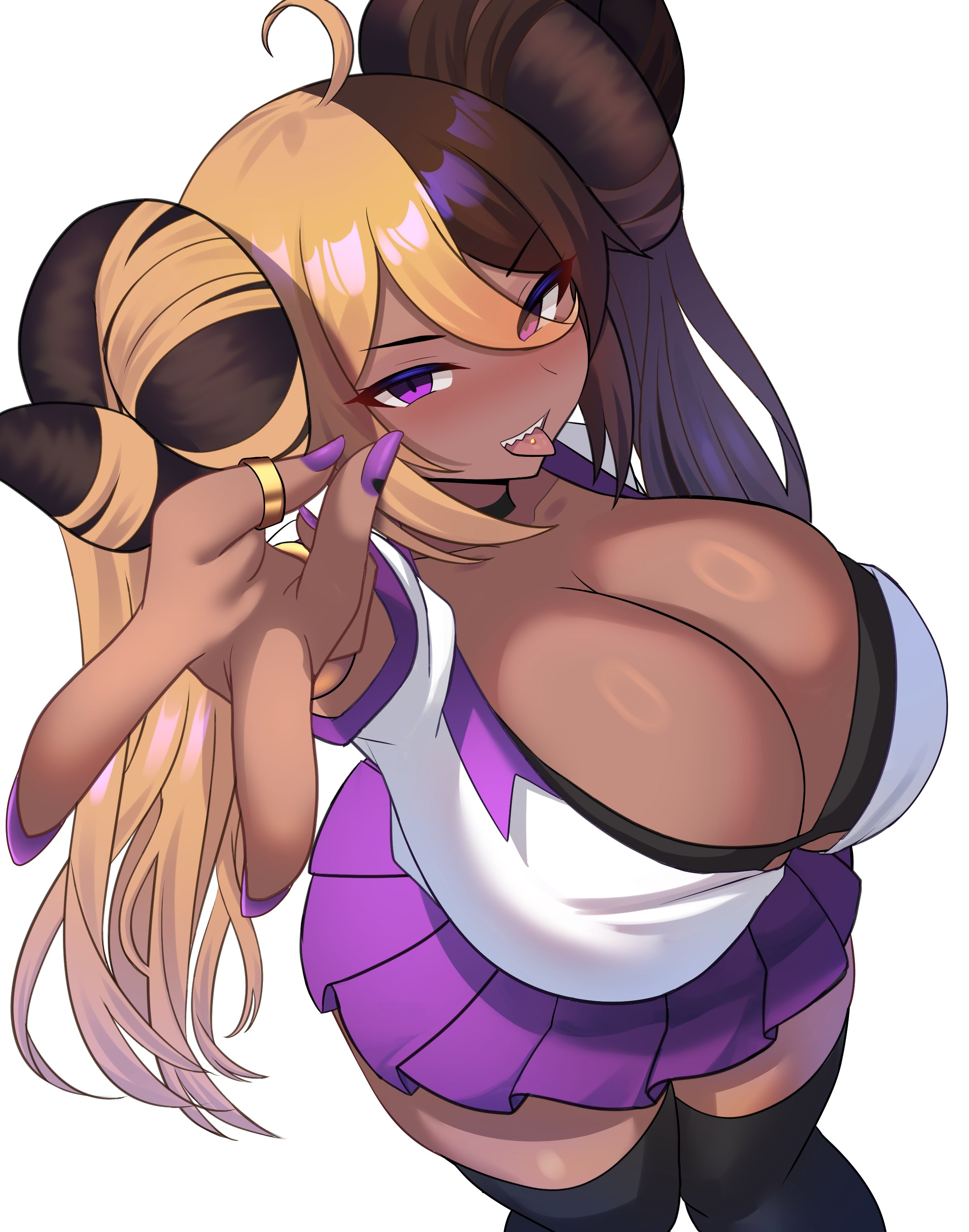 1girls, ahoge, aife (zanamaoria), big breasts, black thighhighs, blep, blonde hair, blush, breasts, brown hair, cleavage, curved horns, demon, female, female only, gyaru, hair on horn, horns, jifuwabe, large breasts, long hair, looking at viewer, purple eyes, purple nail polish, ring, sharp teeth, smiling, smiling at viewer, solo, succubus, tan body, tan skin, thighhighs, tongue, tongue out, tongue piercing, two-tone hair, very high resolution, white background