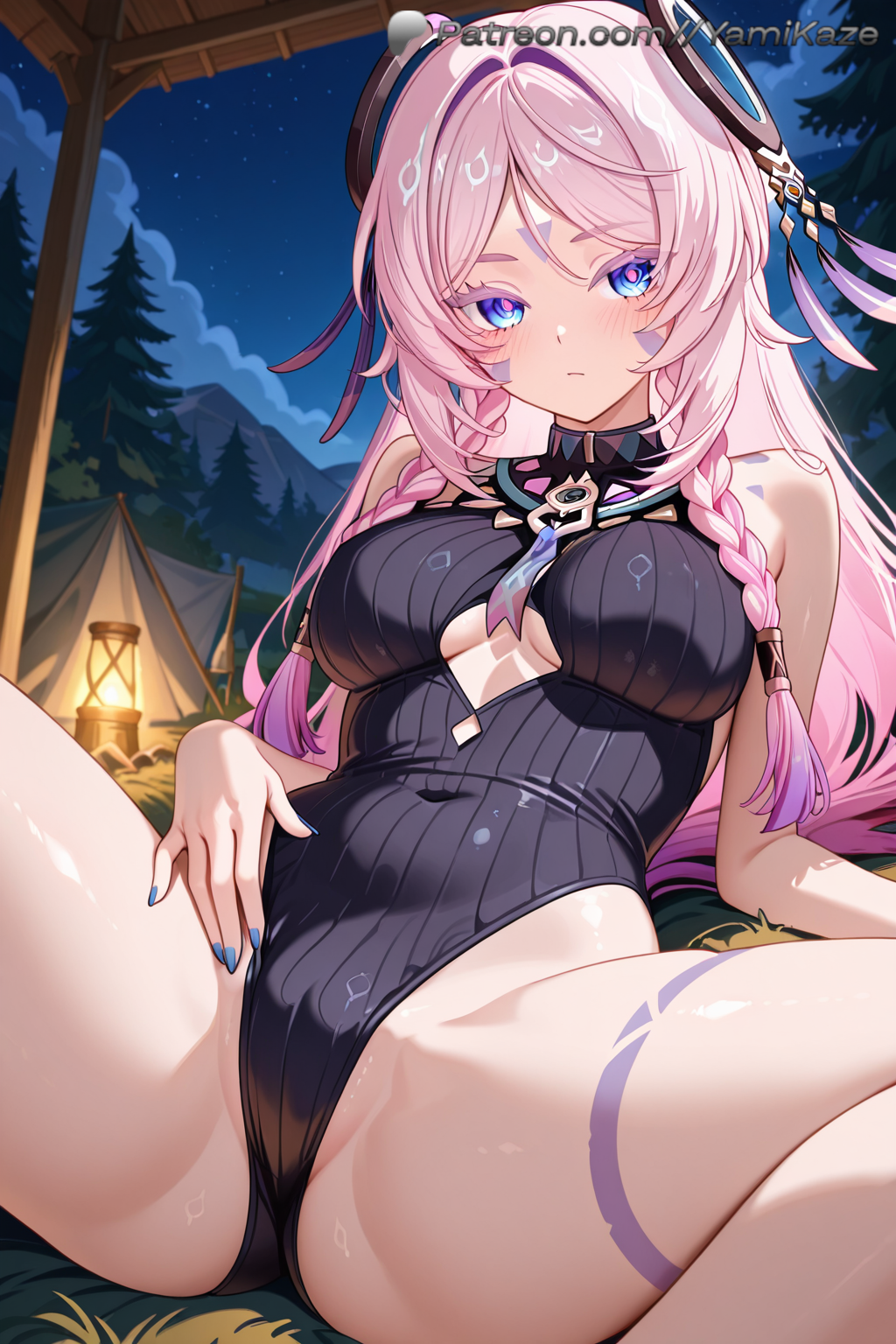 1girls ai_generated anime anime_style ass ass_bigger_than_head ass_focus black_outfit blue_eyes blue_nails bracelet braid breasts camping choker citlali citlali_(genshin_impact) closed_mouth dim_lighting facial_mark female floating_headgear from_back from_behind genshin_impact gloves hair_ornament hentai hi_res highres hoyoverse legs leotard lewd long_hair looking_at_viewer lying lying_on_back mihoyo night outdoors outside patreon pink_hair purple_skirt sexy shadow spread_legs stable_diffusion stars swimsuit tattoo tent thick_ass thick_thighs thighs twin_braids twintails yami_kaze