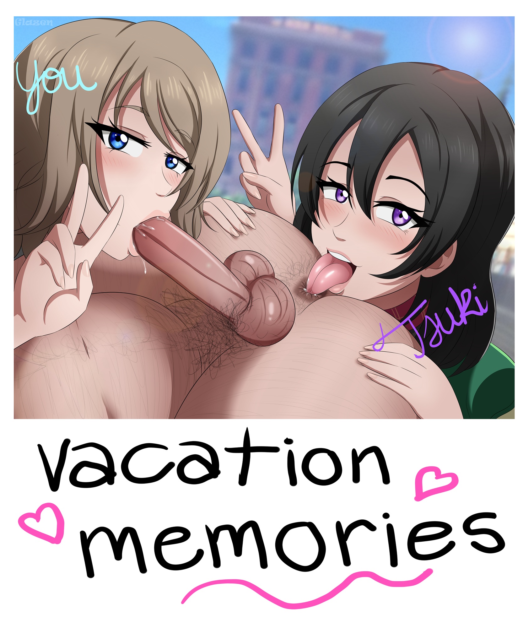 1boy, 2girls, anilingus, black hair, blowjob, blue plate special, caption, cousins, fellatio, female, female rimming male, ffm threesome, glazinbuns, love live!, love live! sunshine!!, male, multiple girls, partial male, peace sign, photo, rimjob, rimming, selfie, selfie pose, teamwork, threesome, watanabe tsuki, watanabe you