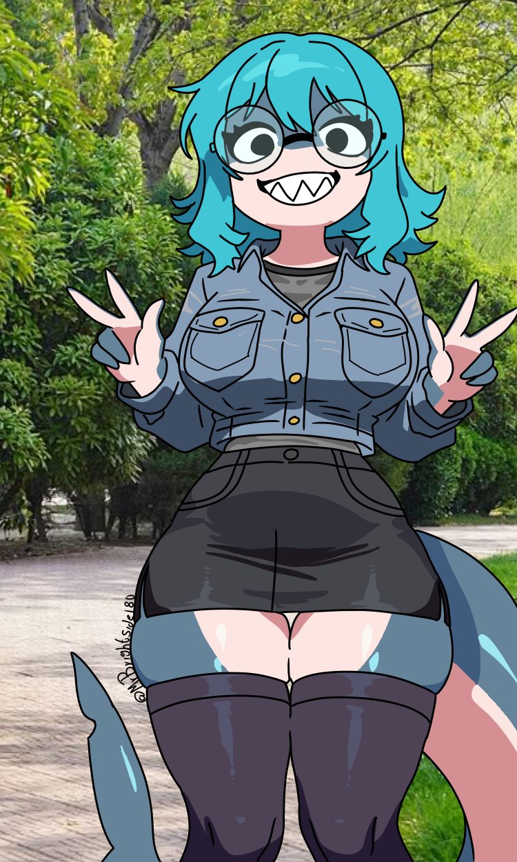 ass, big ass, big breasts, big butt, big thighs, big titties, blue hair, breasts, brigitte (mr.brightside), clothing, female, female focus, glasses, mr.brightside, original, original character, shark, shark girl, shark tail, short hair