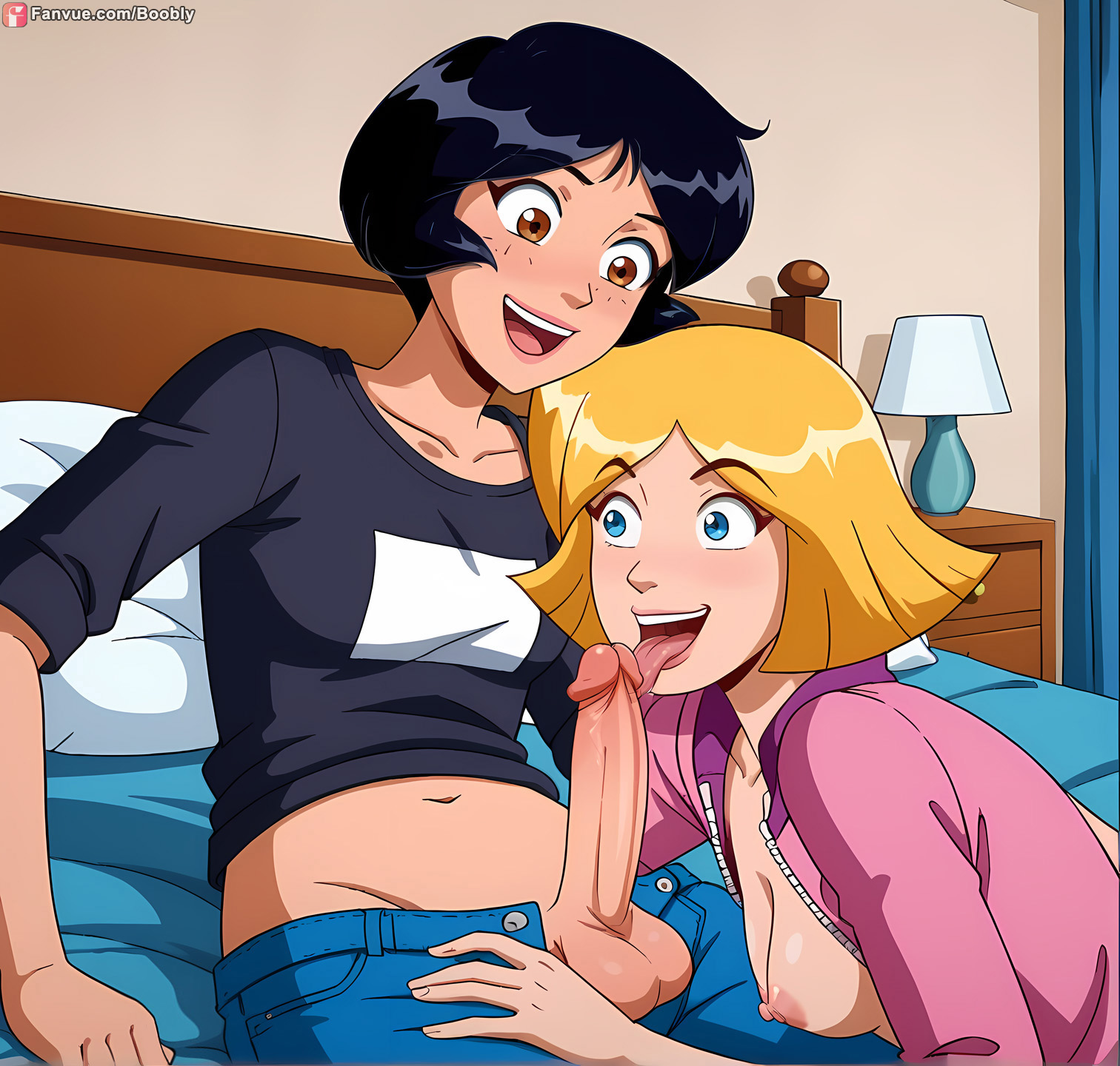3futas, ai generated, alex (totally spies), blonde hair, blowjob, boobly, brown hair, clover (totally spies), futa with futa, futanari, intersex, tongue, totally spies
