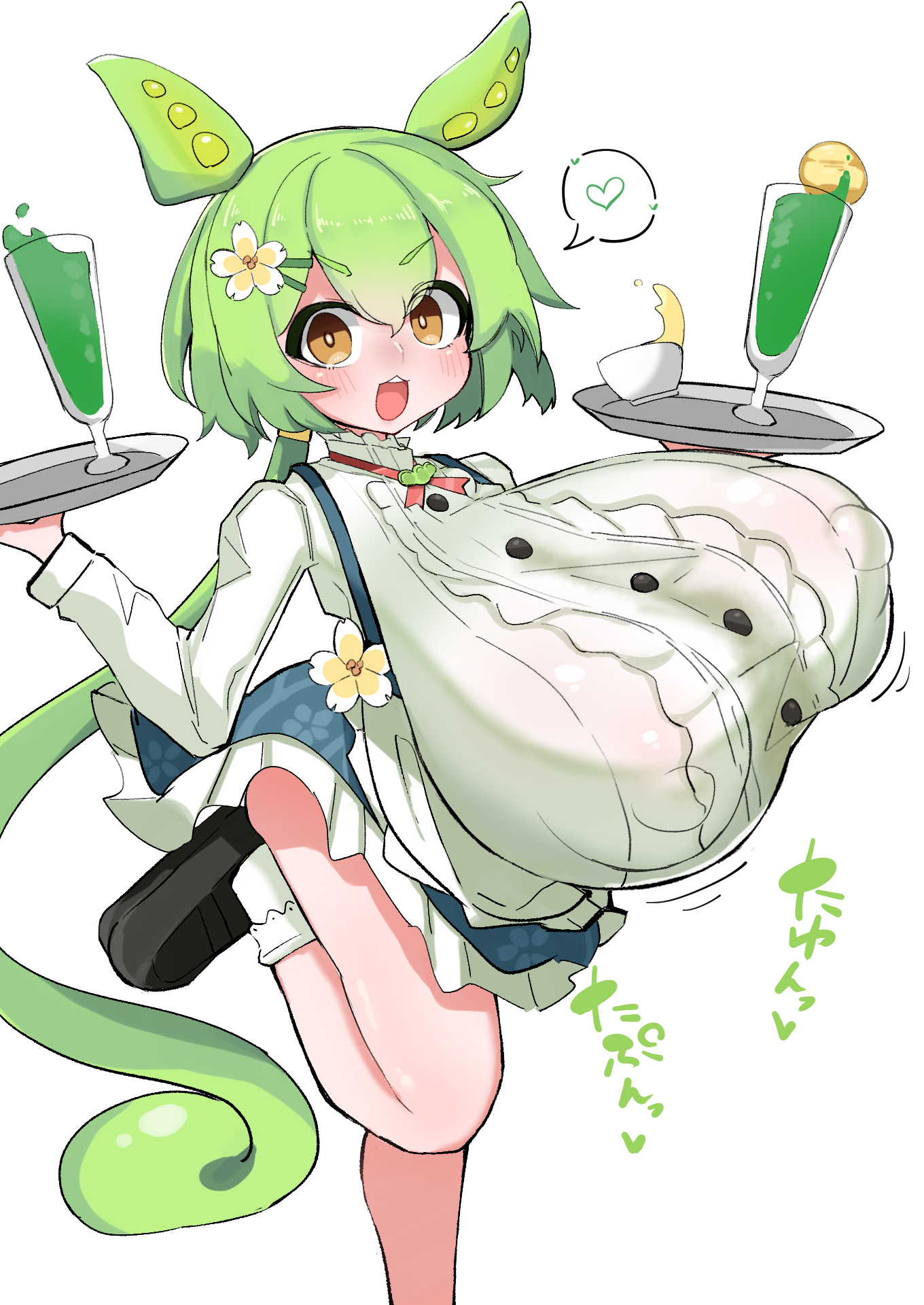 alternate breast size, animal ears, apron, black shoes, blue skirt, blue suspenders, breasts, buttons, cup, female, flower, frille skirt, frilled apron, frills, gigantic breasts, glass, green hair, hair between eyes, hair flower, hair ornament, heart, leg up, light blush, long hair, long sleeves, looking at viewer, open mouth, shirt, shoes, simple background, sintaro okabe, skirt, socks, solo, speech bubble, spoken heart, suspender skirt, suspenders, teacup, voicevox, white apron, white background, white shirt, white socks, yellow eyes, yellow flower, zundamon