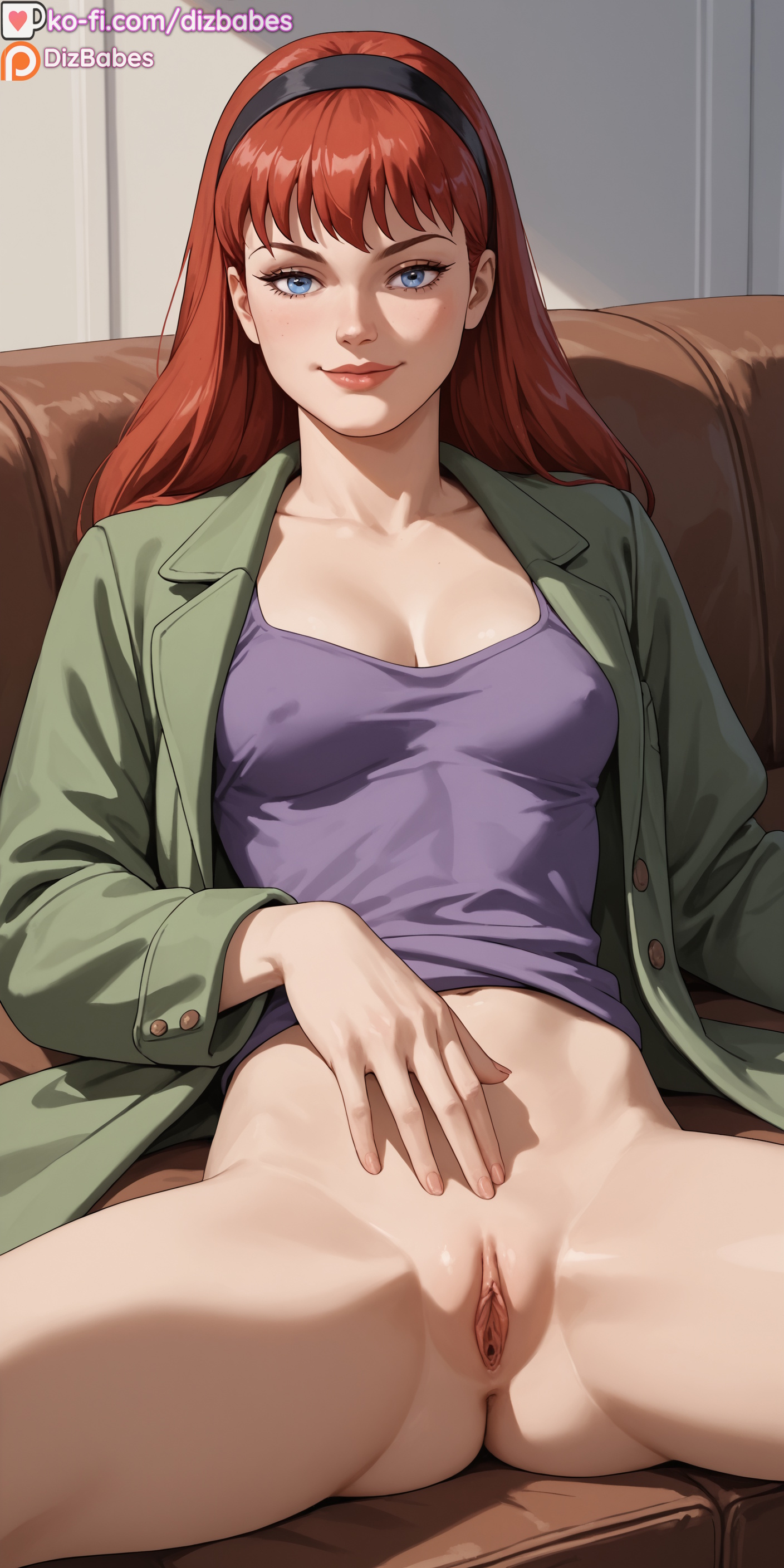 1girls, ai generated, blue eyes, bottomless, cleavage, couch, dizbabes, female, female only, hairband, jacket, looking at viewer, marvel, marvel comics, mary jane watson, mary jane watson (spider-man: the animated series), pussy, red hair, showing pussy, smile, solo female, spider-man (series), spider-man: the animated series, spread legs, stable diffusion, tank top