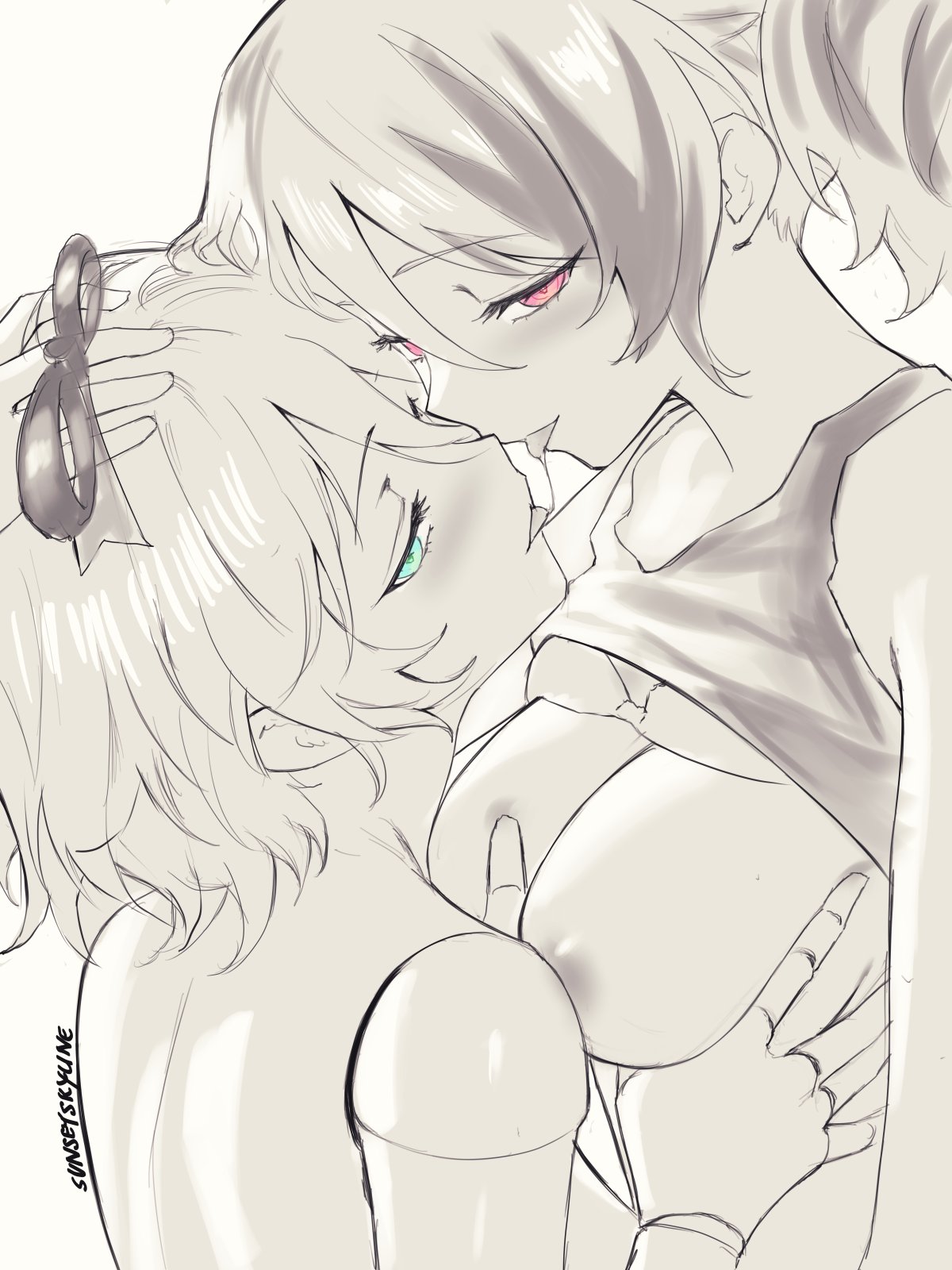 2girls, after kiss, alternate breast size, bedroom eyes, bra, bra lift, breasts, cecilia immergreen, clothes lift, doll, doll joints, female, gigi murin, grabbing another's breast, green eyes, groping, hair ornament, hand on another's head, highres, hololive, hololive english, hololive english -justice-, joints, looking at viewer, medium breasts, monochrome, multicolored hair, multiple females, multiple girls, nude, pink eyes, saliva, saliva trail, shirt lift, short hair, short twintails, simple background, spot color, streaked hair, sunset skyline, sunsetskyline, tank top, tongue, tongue out, twintails, underwear, upper body, virtual youtuber, winding key, yuri