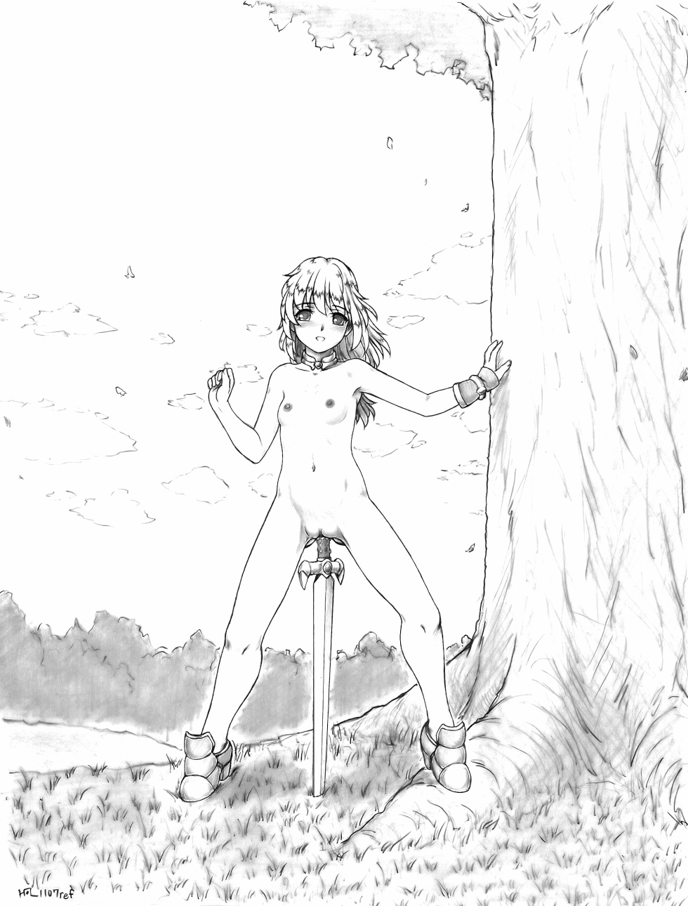 armlet blush breasts colored female harumachi_nagaaki highres insertion masturbating_with_weapon masturbation monochrome naked_footwear navel nipples nude open_mouth original outdoors shoes short_hair small_breasts solo sword tree vaginal_insertion vaginal_penetration weapon weapon_penetration