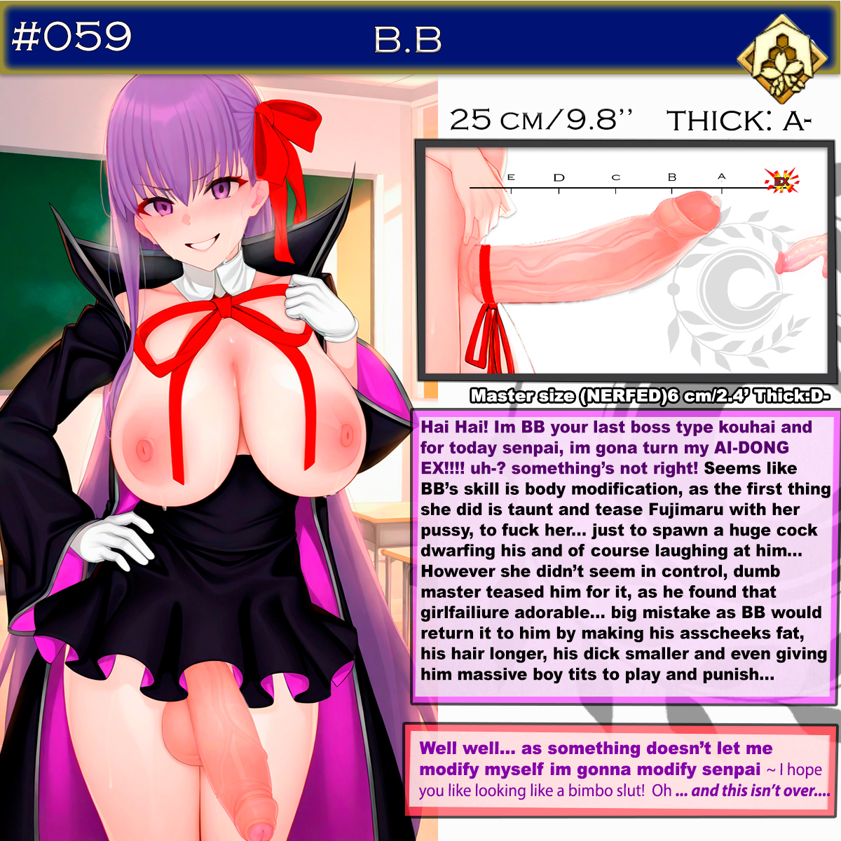1futa, ai generated, bb (fate), big breasts, breasts, character sheet, dirty talk, english text, fate (series), fate/extra, fate/grand order, foreskin, fujimaru ritsuka (male), futa only, futanari, huge breasts, intersex, light skin, light-skinned futa, male, measurements, multiple penises, penis, penis size difference, sasakiwiwi, size comparison, size difference, size play, small penis, solo, sweat, sweatdrop, text, uncensored, uncircumcised