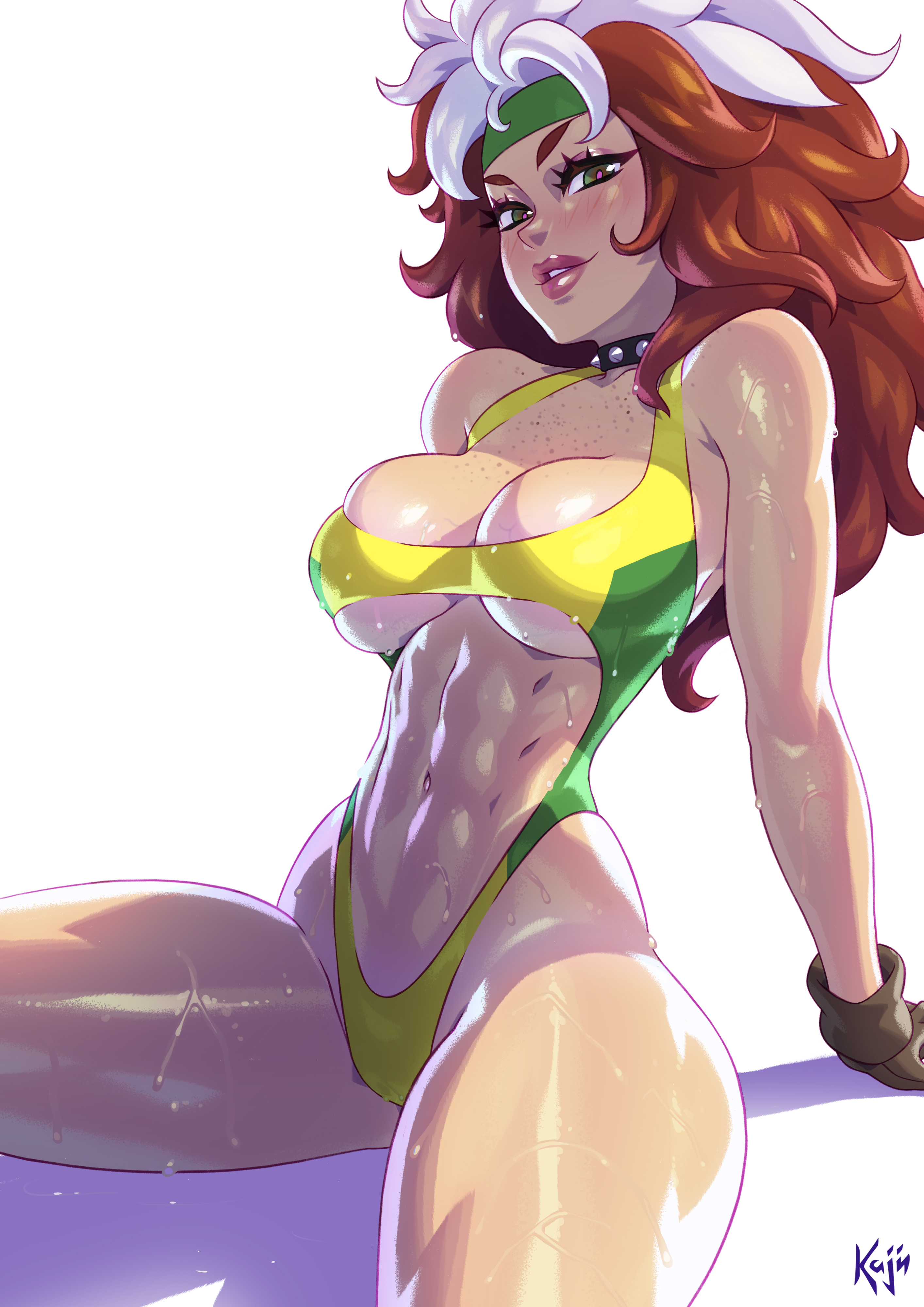abs, choker, female, gloves, headband, kajinman, marvel, marvel comics, rogue (x-men), sitting, swimsuit, toned, toned female, wet skin, x-men 97
