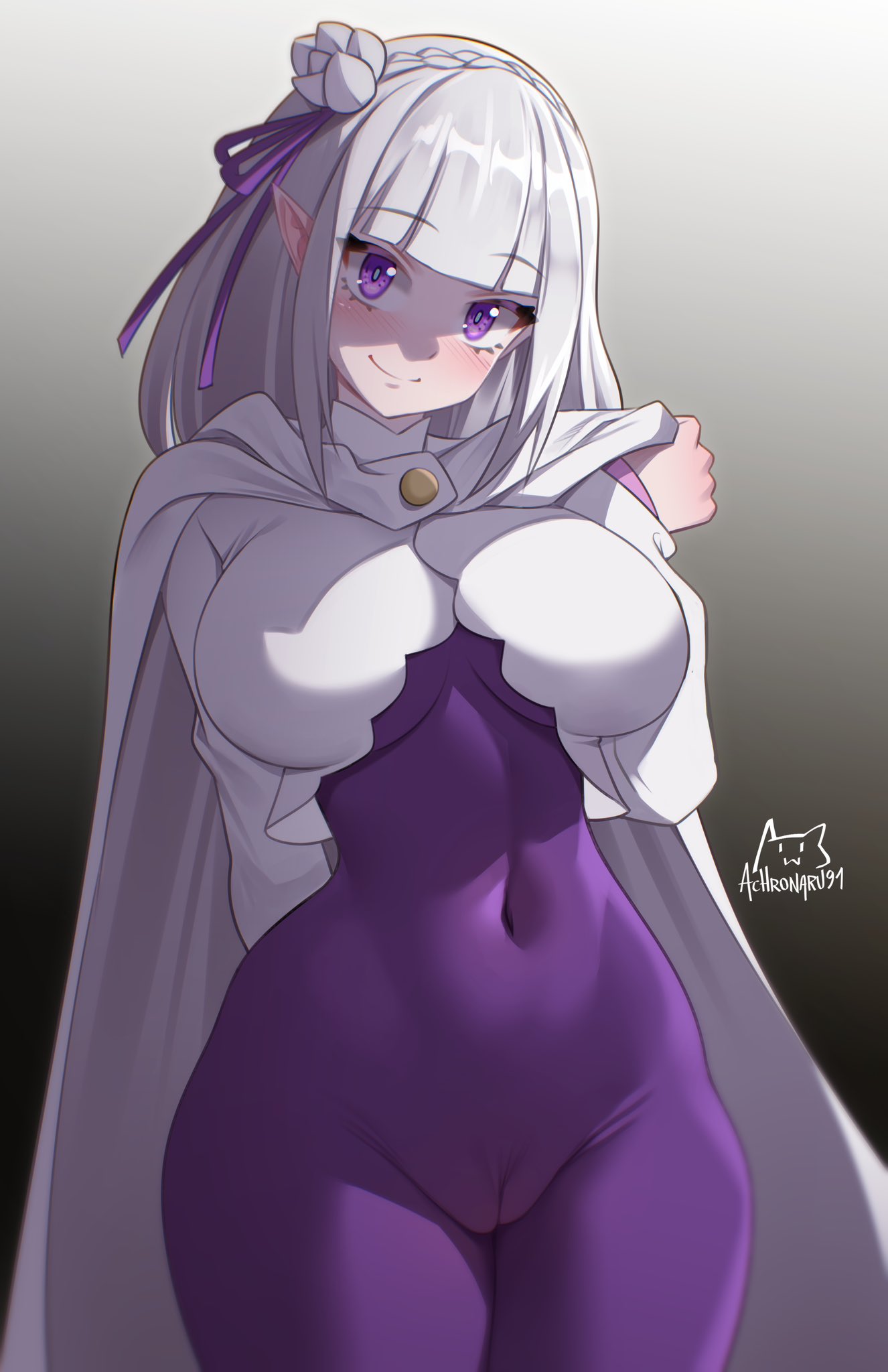 1girls, achromaru, breasts, cameltoe, elf, elf ears, elf female, emilia (re:zero), female, female focus, female only, fully clothed, large breasts, light skin, light-skinned female, looking at viewer, pussy, re:zero kara hajimeru isekai seikatsu, solo, thick thighs, thighs, white cloak, wide hips