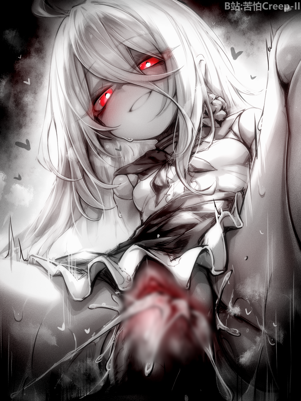 1boy blur_censor breasts censored chinese_commentary commentary_request cum cum_in_pussy cum_overflow female greyscale grin hair_between_eyes highres kupa_(jesterwii) long_hair monochrome paid_reward_available parted_lips penis red_eyes revision sex shadowverse shadowverse:_worlds_beyond small_breasts smile spot_color straight vaginal_penetration zwei_(shingeki_no_bahamut)