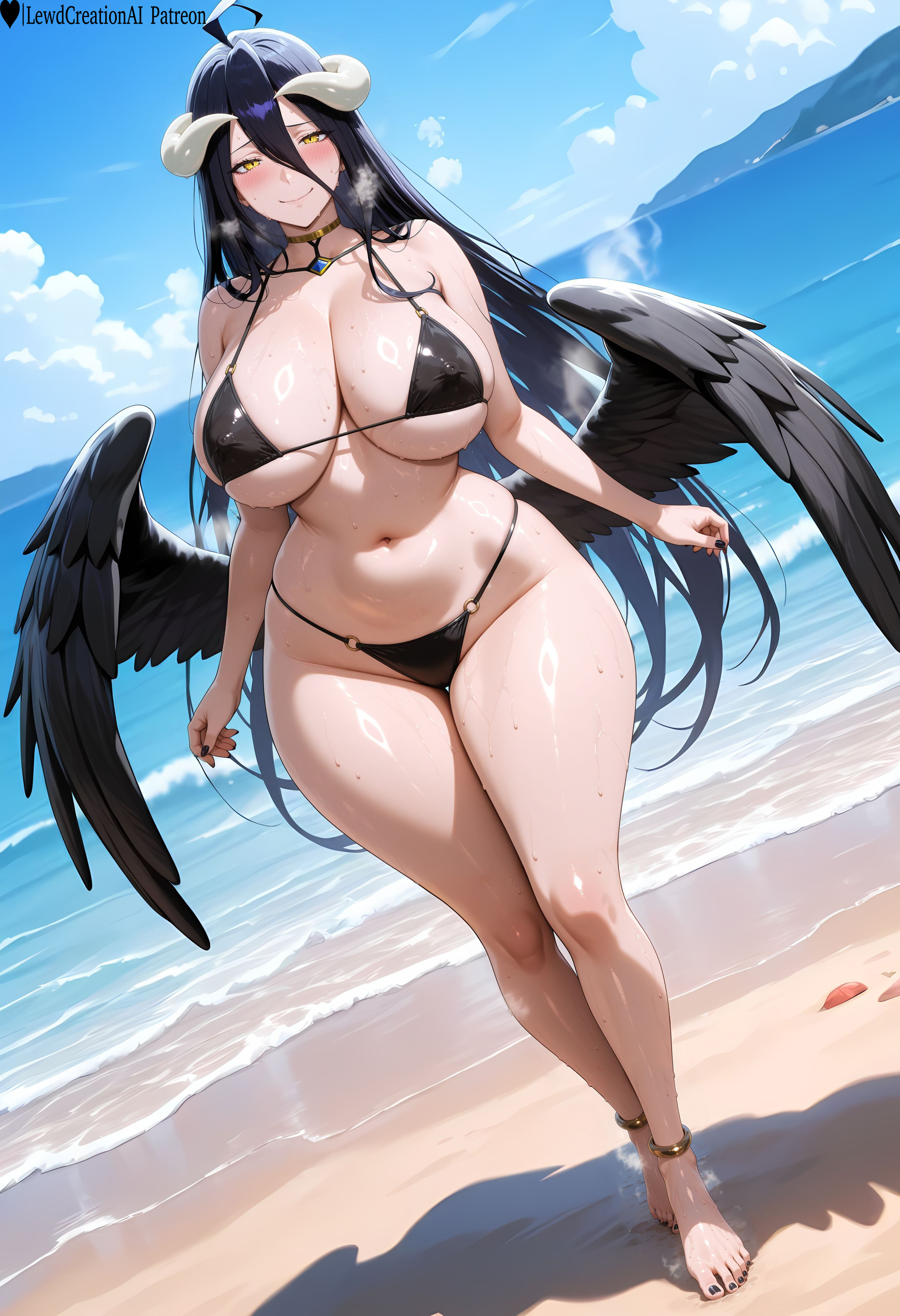 1girls, absurd res, ai generated, albedo (overlord), barefoot, beach, big breasts, bikini, black bikini, black nails, black toenails, blush, blush lines, breasts, curvy, curvy figure, demon, demon girl, demon horns, feet, female, female focus, female only, high resolution, highres, lewdcreationsai, light skin, light-skinned female, navel, outdoors, overlord (maruyama), sexually suggestive, solo, solo female, solo focus, stable diffusion, steam, steaming body, steamy breath, string bikini, sweat, sweatdrop, sweating, sweaty, tagme, thick, thick legs, thick thighs, thighs, toes, venus body