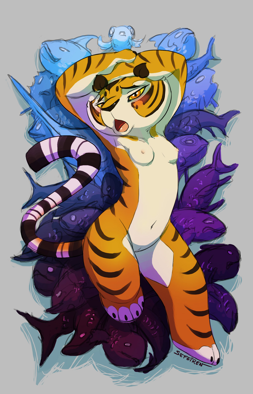 2013 anthro blush breasts feline female female_only fish fur furry kung_fu_panda lying marine master_tigress navel nipples nude on_back open_mouth orange_eyes orange_fur pose pussy sefeiren solo stripes swordfish tiger tongue