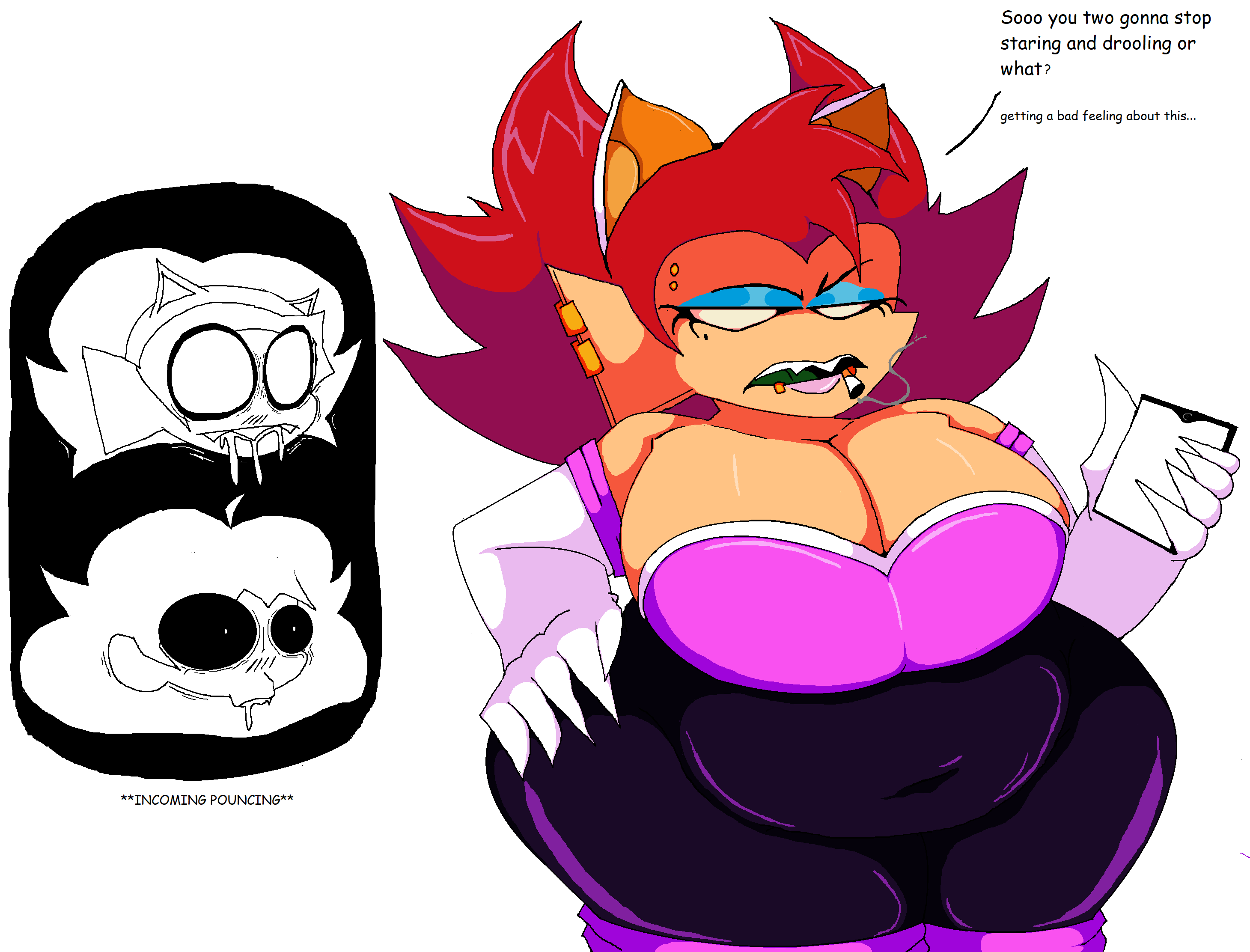 ass, bad anatomy, belly, big ass, breasts, cassandra (newgrounds), chubby, chubby female, cigarette, fat, female, friday night funkin, girlfriend (friday night funkin), nene (newgrounds), newgrounds, nookieplush, phone, pico's school, rouge the bat (cosplay), salivating, simple background, thick thighs, white background, wide hips