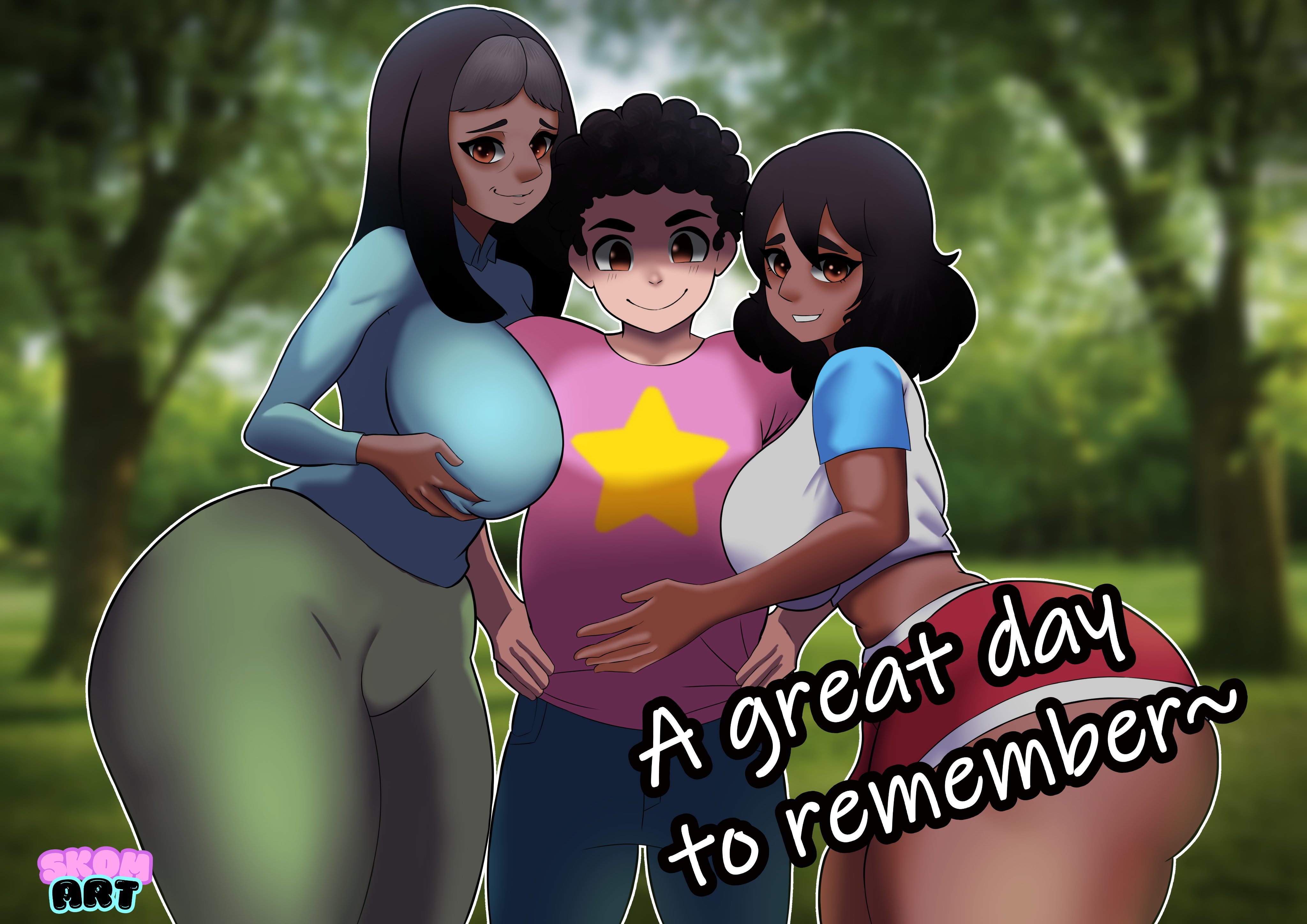 1boy, 2girls, ass, big breasts, breasts, clothed, connie maheswaran, cuckold, female, hourglass figure, huge ass, looking at viewer, male, netorare, postcard, priyanka maheswaran, short shorts, skom (artist), steven quartz universe, steven universe