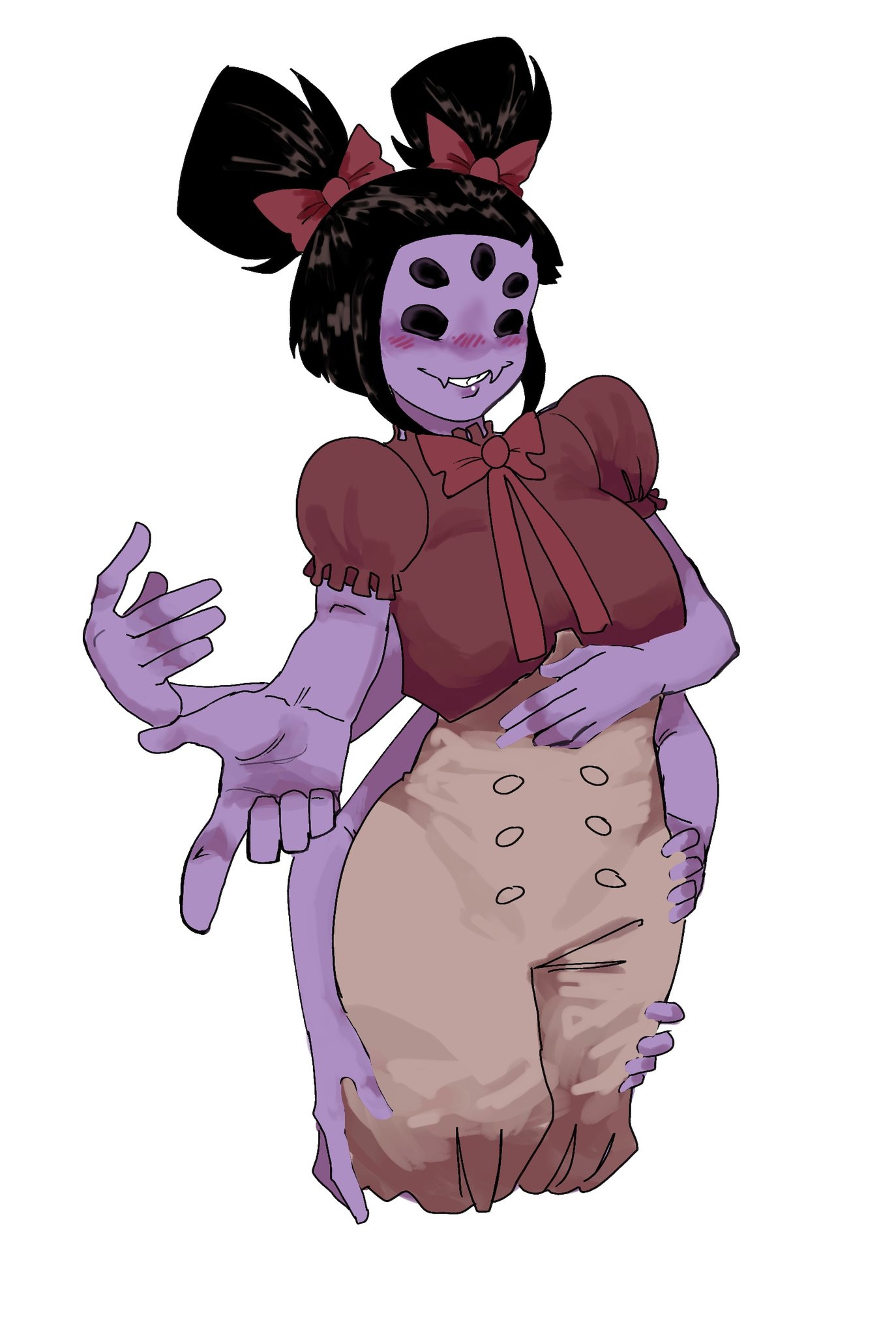5 eyes, 6 arms, black eyes, black hair, black sclera, blush, bow, breasts, dress, fangs, female, holding hips, holding leg, inviting, large breasts, looking at viewer, maid dress, muffet, multi arm, multi eye, multi limb, pose, posing, purple skin, smiling, tagme, thick thighs, undertale, undertale (series), wide hips, zackocafeina