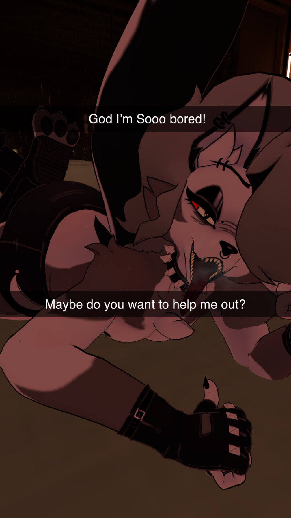 bored, femboy, femboy only, femboysub, hellhound, helluva boss, lewd, looking at viewer, loona (cryptiacurves), loona (helluva boss), male, male loona, snapchat, text, vrchat, waiting, wolf, wolf boy