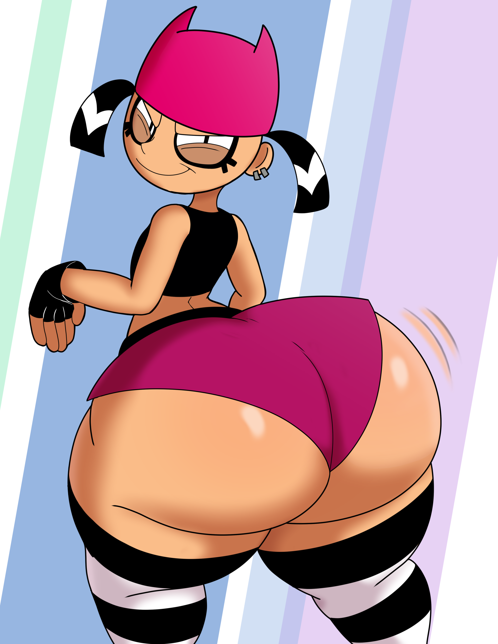 1girls, ass, ass bigger than head, ass bigger than torso, big ass, black hair, bottom heavy, bubble ass, bubble butt, clothing, crop top, ear piercing, earrings, fat ass, female, female only, fingerless gloves, gloves, huge ass, large ass, legwear, looking at viewer, looking back, massive ass, mechspazer, my life as a teenage robot, piercing, png, shorts, shortstack, smile, thick ass, thick thighs, thighhighs, thunder thighs, tiff crust, wide hips