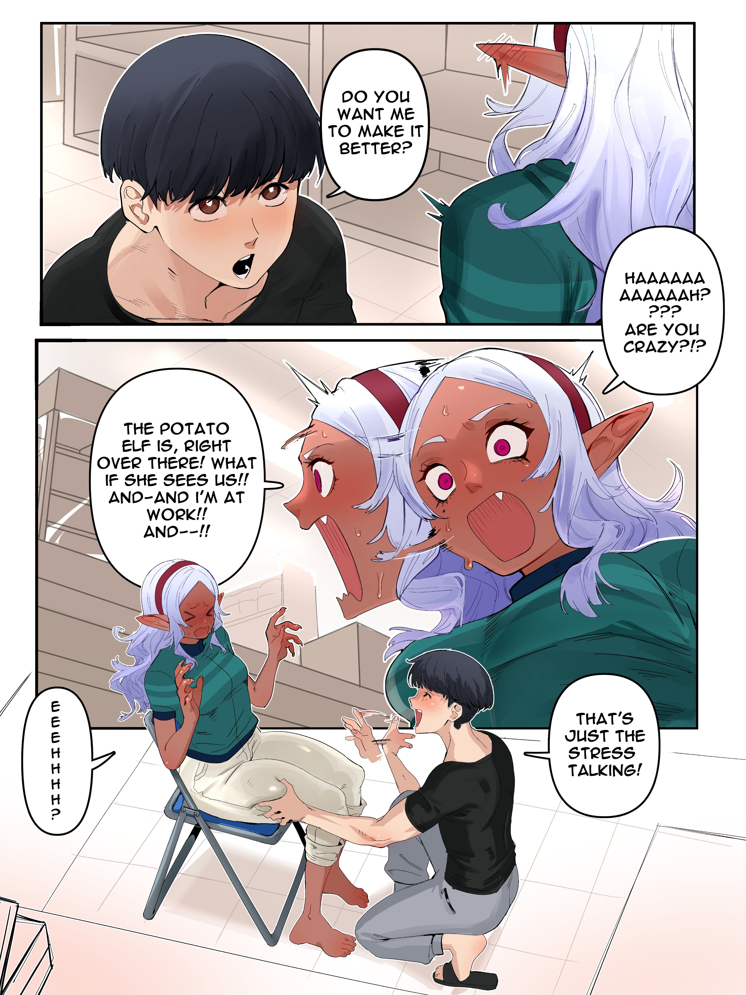 ass, big ass, big butt, bubble ass, bubble butt, comic, comic page, dark elf, dark skin, dark-skinned female, elf ears, elf female, elf-san wa yaserarenai, female, female focus, grey hair, kuroeda, naoe tomoatsu, pointy ears, silver hair, void dot exe