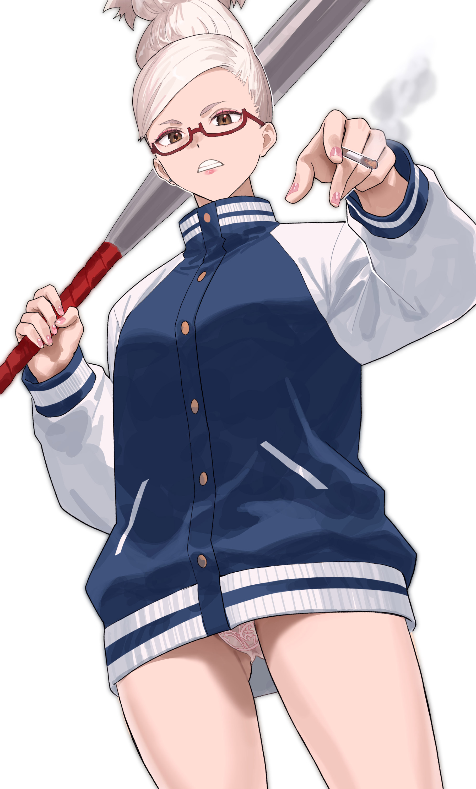 1girls, ayase seiko, baseball bat, big breasts, breasts, cameltoe, cigarette, curvy, dandadan, earrings, female, gilf, glasses, highres, holding, holding baseball bat, huge breasts, jacket, jewelry, large breasts, mature female, navel, older female, open clothes, open jacket, pussy, salmon88, simple background, smoking, solo, thick thighs, thighs, white hair, wide hips