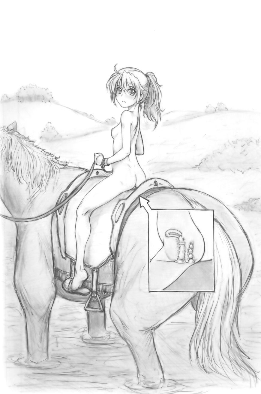 anal anal_beads anal_insertion ass breasts dildo dildo_saddle dildo_sitting double_insertion double_penetration female harumachi_nagaaki highres horse horseback_riding insertion inset looking_at_viewer looking_back monochrome nipples nude original outdoors parted_lips ponytail saddle sitting_on_dildo solo tied_hair uterus vaginal_insertion vaginal_penetration