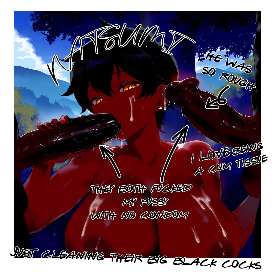 2025, 2boys, 2d, ai generated, black penis, blowjob, breasts, cheating, chiodokan, cum on breasts, cum on face, dark skin, dark-skinned female, dark-skinned male, double handjob, edit, fellatio, female, femsub, gangbang, huge cock, japanese female, kurobe natsumi, leaking cum, male, maledom, netorare, nipples, outdoors, penis, photo, photograph, photography, provocative writing, senpai ga uzai kouhai no hanashi, short hair, tagme, tomboy, writing, yellow eyes