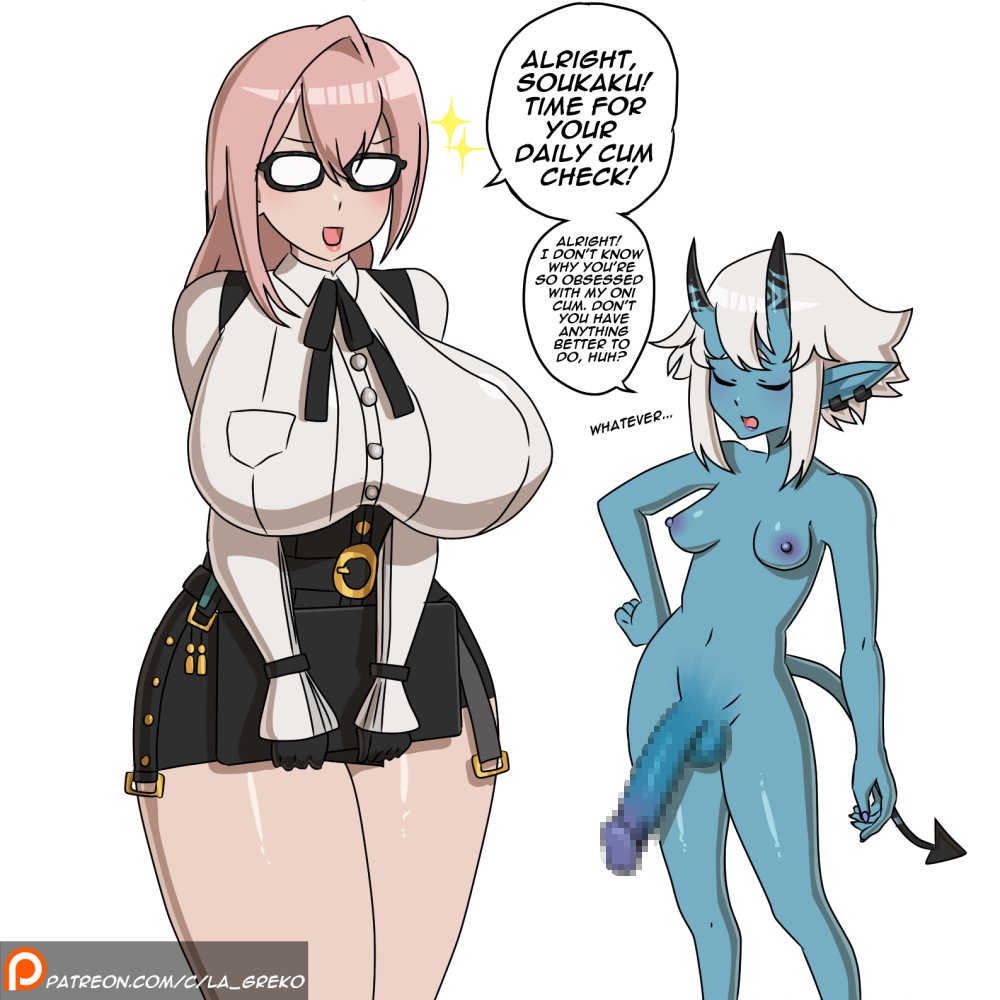 1futa, 1girls, 2d, balls, big breasts, big penis, blue skin, breasts, censored, censored penis, closed eyes, clothed, clothed female nude futa, colored, dialogue, ear piercing, english text, female, futanari, greko, horns, ineffective censorship, intersex, mosaic censoring, nipples, nude, nude futa, open mouth, penis, pointy ears, solid color background, soukaku (zenless zone zero), speech bubble, tail, testicles, tsukishiro yanagi, white hair, zenless zone zero