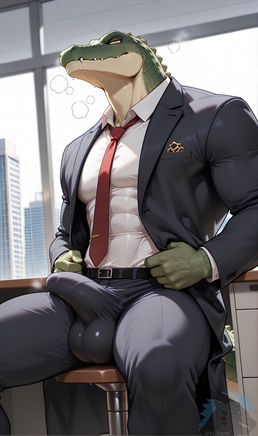 1boy abs ai_generated ai_xayro anthro balls bara big_balls big_muscles big_pecs big_penis boss bulge business_suit character_request crocodile crocodilian daddy dilf erection erection_under_clothes fangs gay green_body hunk male male_only muscular muscular_anthro muscular_male pecs penis reptile scale solo sweat