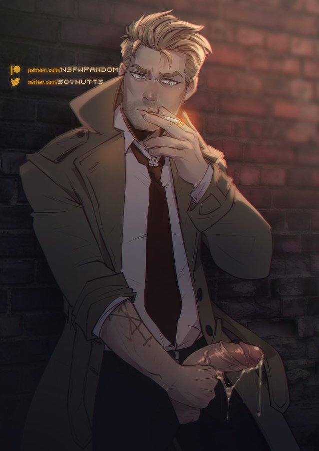 1boy 2019 2d blonde_hair cigarette cum dc dc_comics jerkingoff john_constantine justice_league male masturbation penis soynutts tie trenchcoat